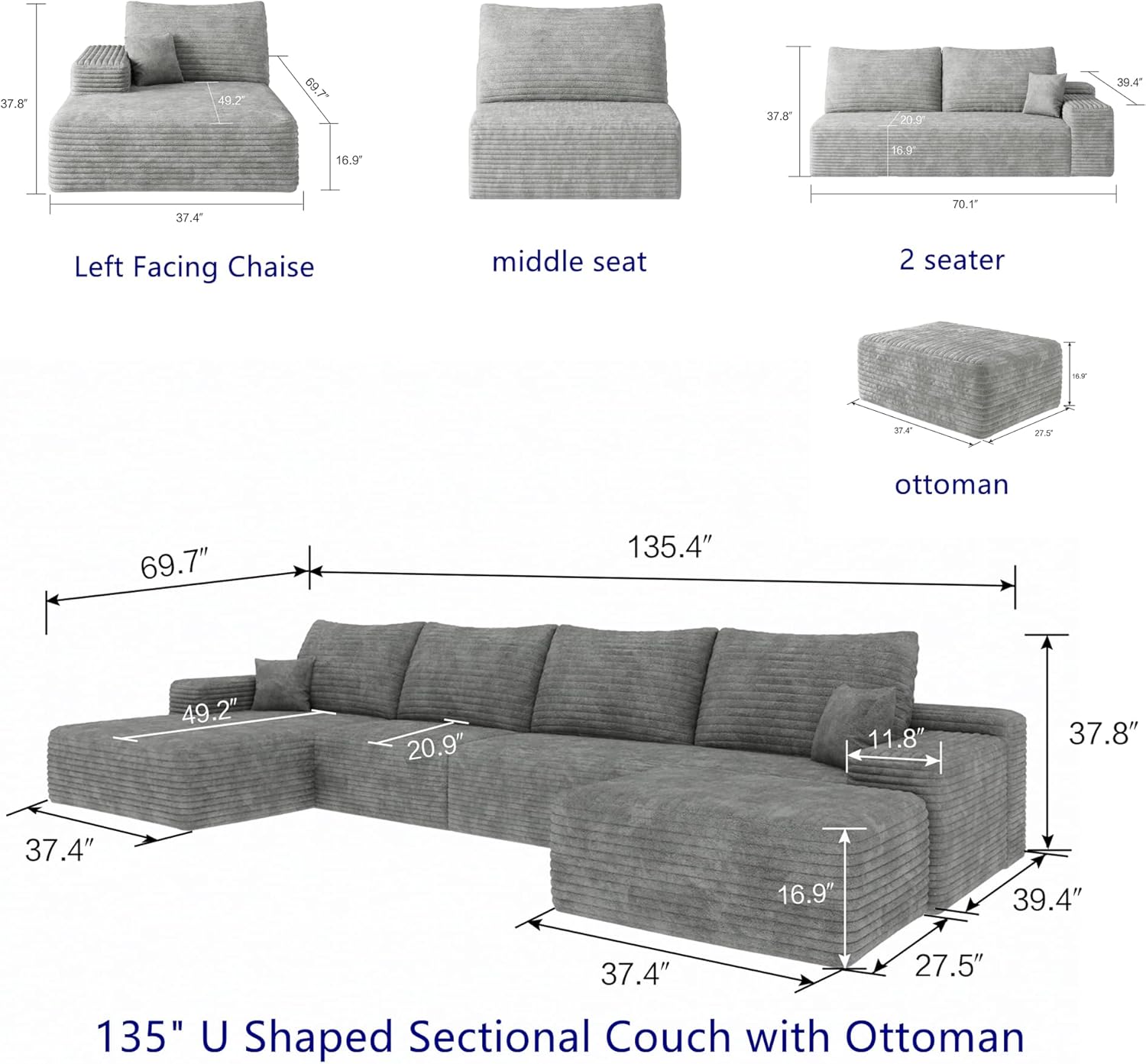 37.4" Plush Corduroy Ottoman, Upholstered Cloud Ottoman for Boneless Couch in a Box, Modular Sectional Couches for Living Room Bedroom, Compressed Memory Foam, No Assembly Require, Grey