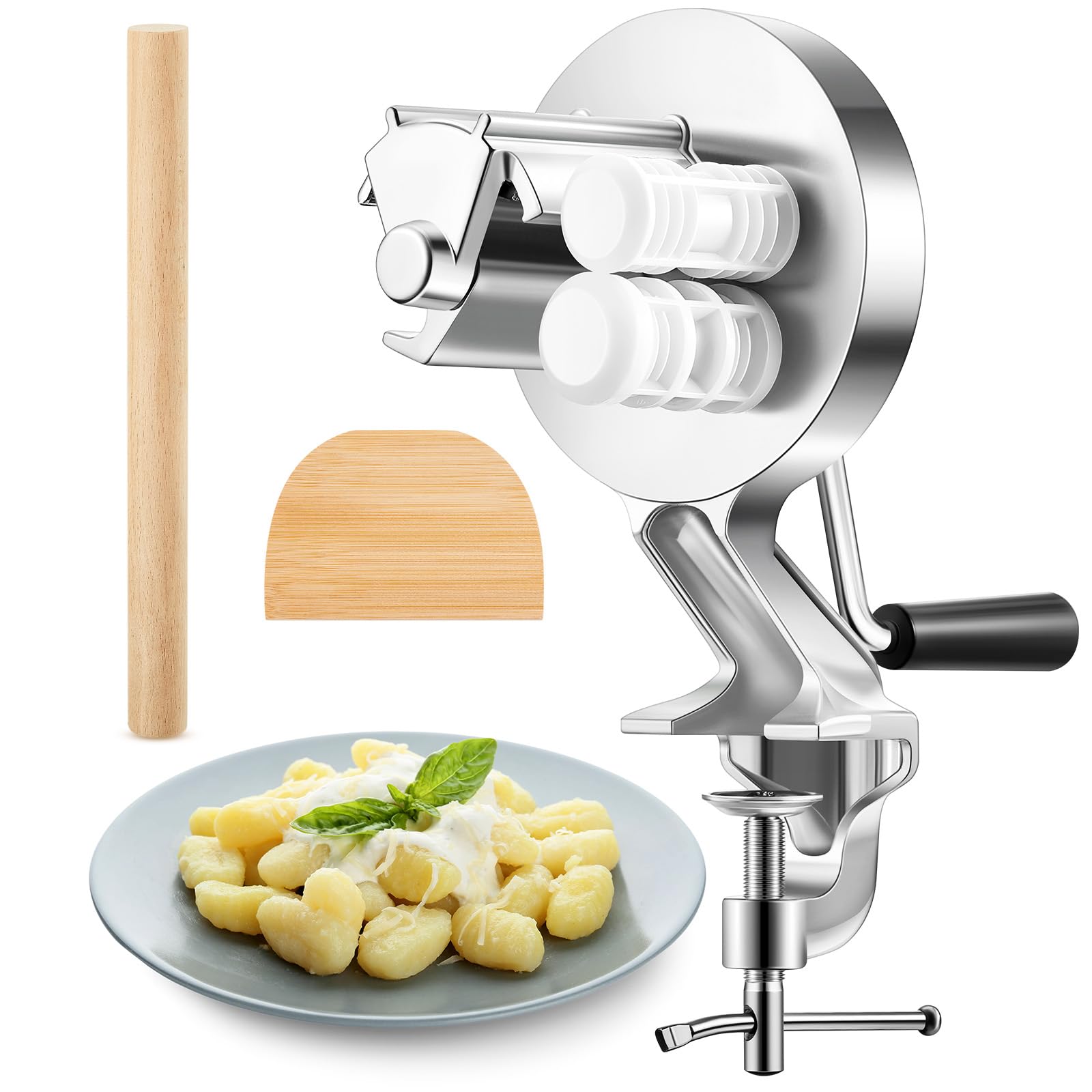 FoldTier 3 Pcs Cavatelli Maker Tool Set Include 1 Cavatelli Maker Machine 1 Wooden Rolling Pin 1 Dough Scraper Gnocchi Macaroni Maker for Homemade Gnocchi Seashells Pasta Making Tool Gift