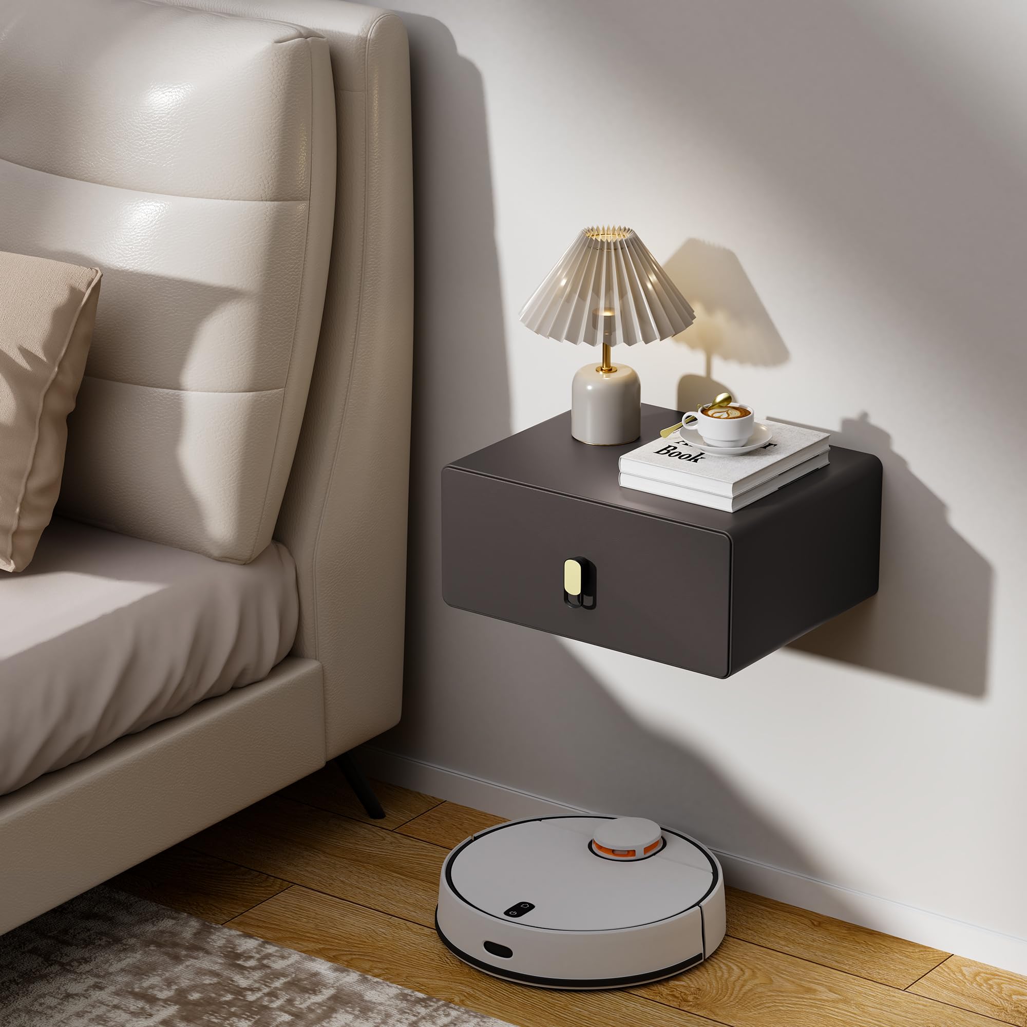 VICITON Modern Floating Nightstand with Solid Wood Drawer, Wall Mounted Bedside Table for Bedroom (Dark Coffee, Small)