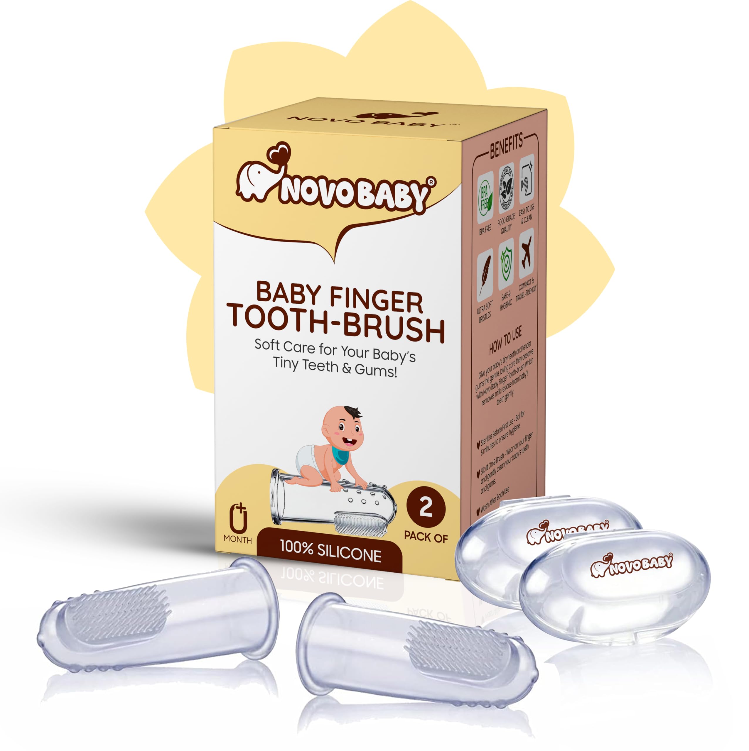Novo Baby BPA-Free Silicone Baby Finger Toothbrush – Ideal for Gently Massaging and Cleaning Gums,This Soft Finger Brush for Safe and Effective Oral Care Pack of 2