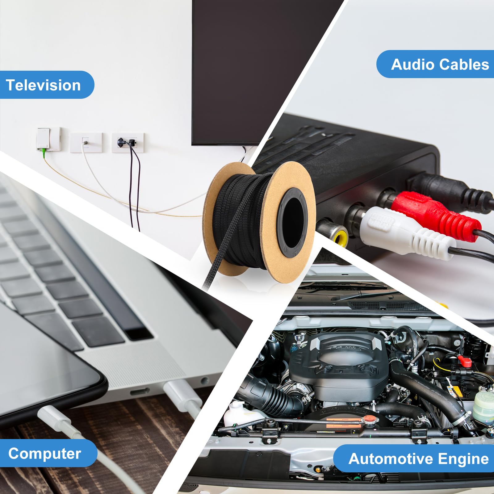 Manicotto per cavo intrecciato espandibile da 91,4 m, telaio in filo di PET, 1/4 3/8 1/2" | Guaina nera per cavi per TV, computer, Home Theater e gestione dei cavi automobilistici