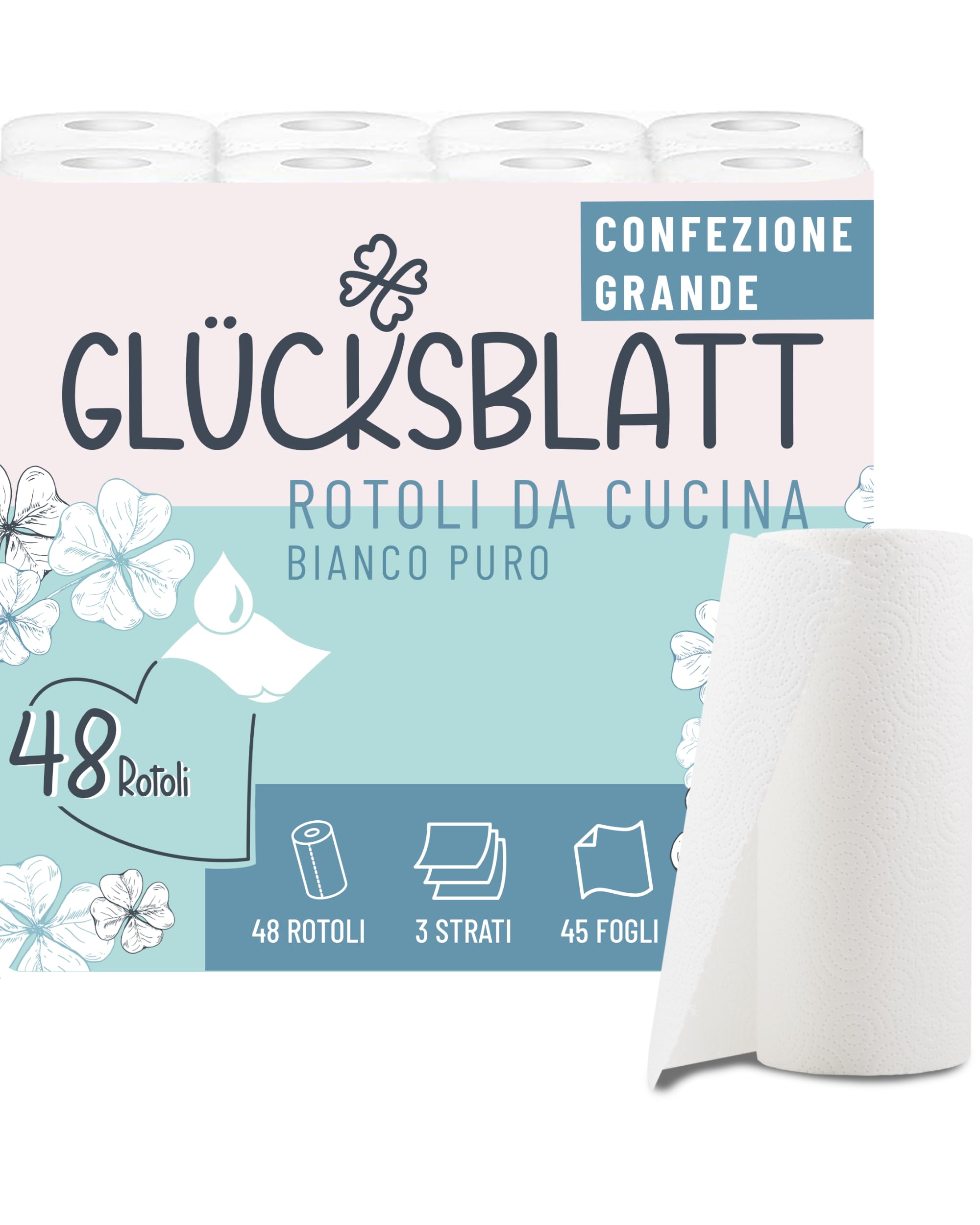 Glücksblatt Asciugamani da cucina, 48 rotoli da 45 fogli, rotoli da cucina a 3 strati, 100% polpa, sostenibili, rotoli assorbenti, asciugamani di carta, asciugamani di carta, carta da cucina