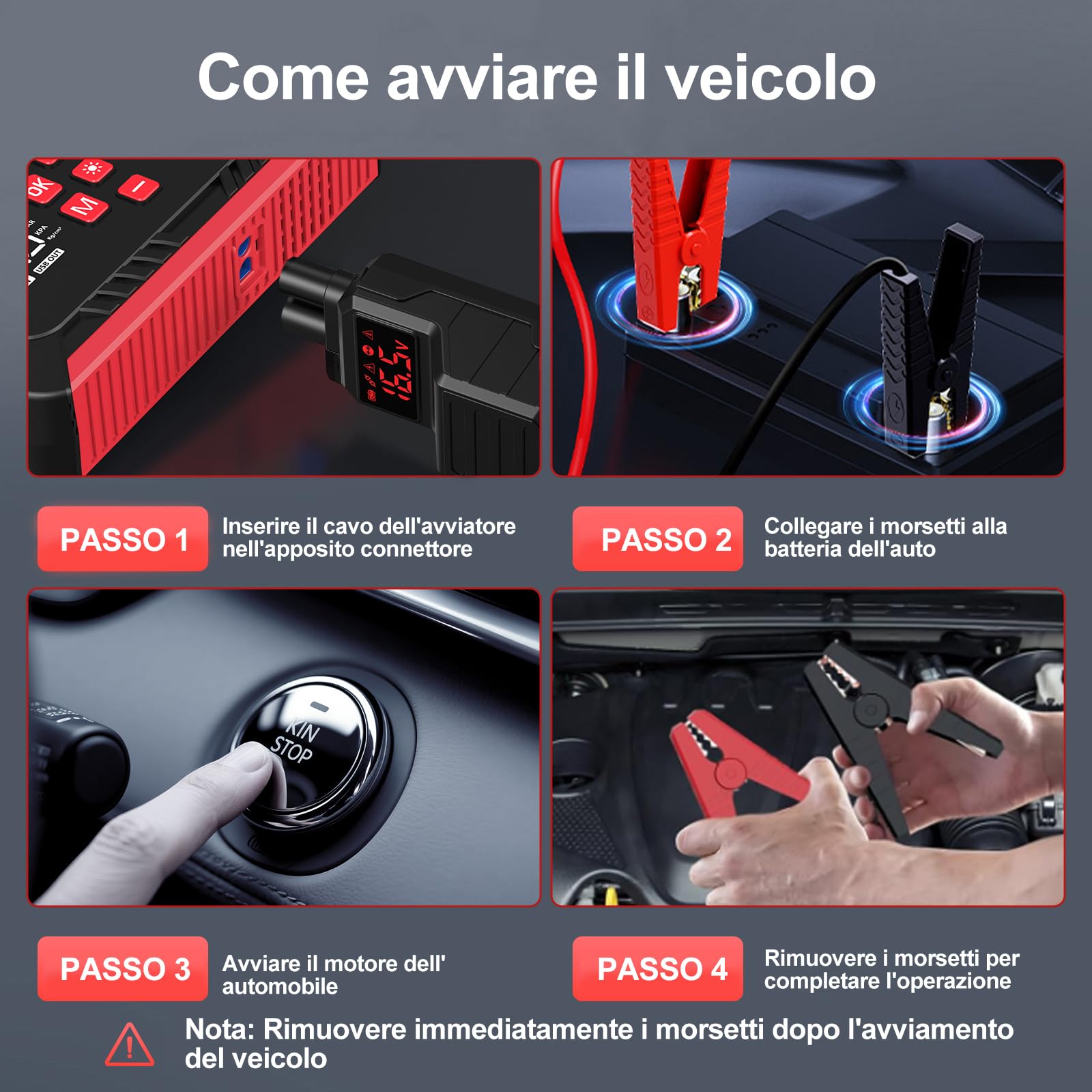 Avviatore Batteria Auto 6000A,Booster Avviamento Auto con 150PSI Compressore Aria,12V Starter Batteria Auto Portatile (8.0L Diesel/10.0L Benzina),Jump Starter Auto con Torcia a LED, Display LCD