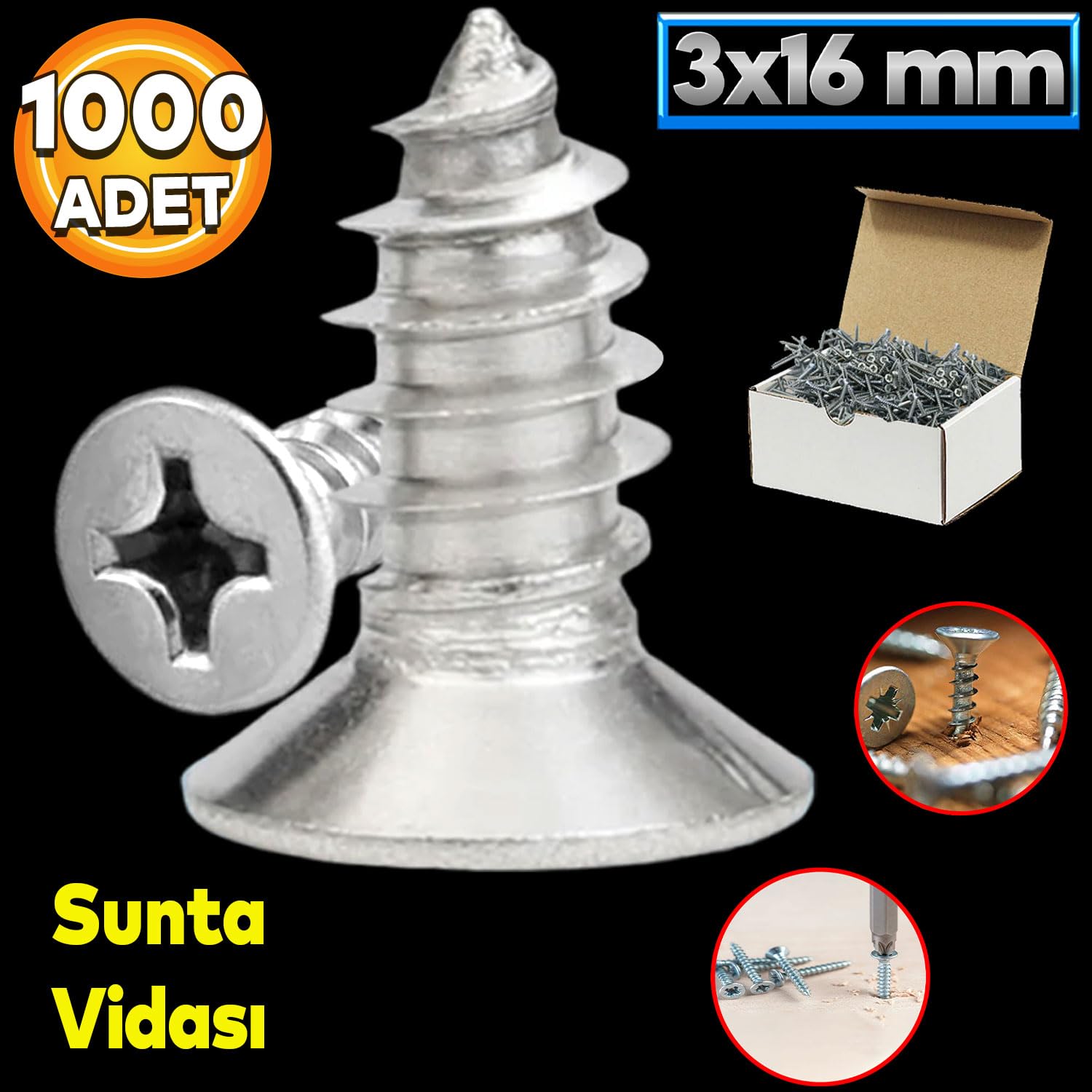 Badem10 Sunta Vidası 3x16 Paket 1000 ADET Sivri Uçlu Ahşap Tahta Ağaç Mobilya Ayak Kulp Vidası