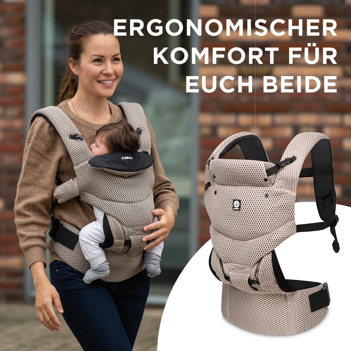 Dooky Carrier Urban Comfort, Babytrage Neugeborene ab Geburt, Ergonomische Babytrage 0-3 Jahre, 3.5-15 kg, M-Position, 3 Tragepositionen, Verstellbar, Atmungsaktiv, Baby Carrier, Beige Desert
