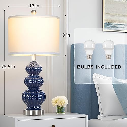 Miniatura 3 de Juego de 2 lámparas de mesa de cerámica de triple calabaza, modernas lámparas de noche azules con interruptor giratorio, lámparas de mesita de noche