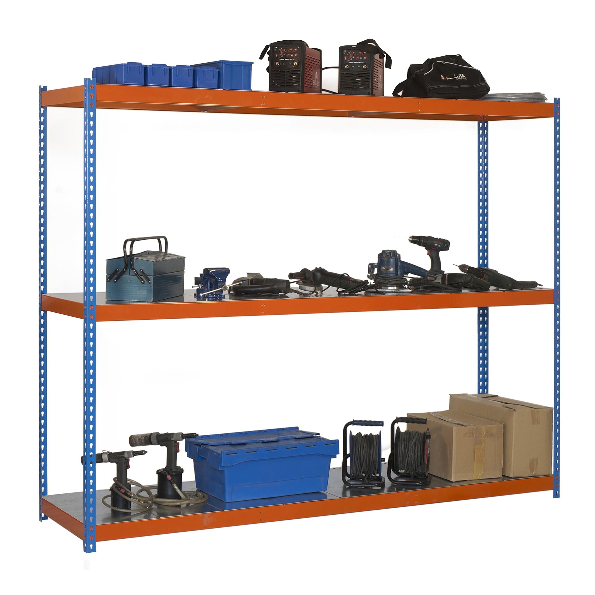 SimonRack Estantería Metálica Almacenaje, Sin Tornillos, 3 Baldas, Alta Capacidad Carga 400 kg, 2000x1500x750 mm, Estantería Taller Garaje Trastero, Azul/Naranja/Galva | 3 Estantes Metálicos, 400 kg de Punto Flexión, Pintura anticorrosión, Azul/Naranja/Ga