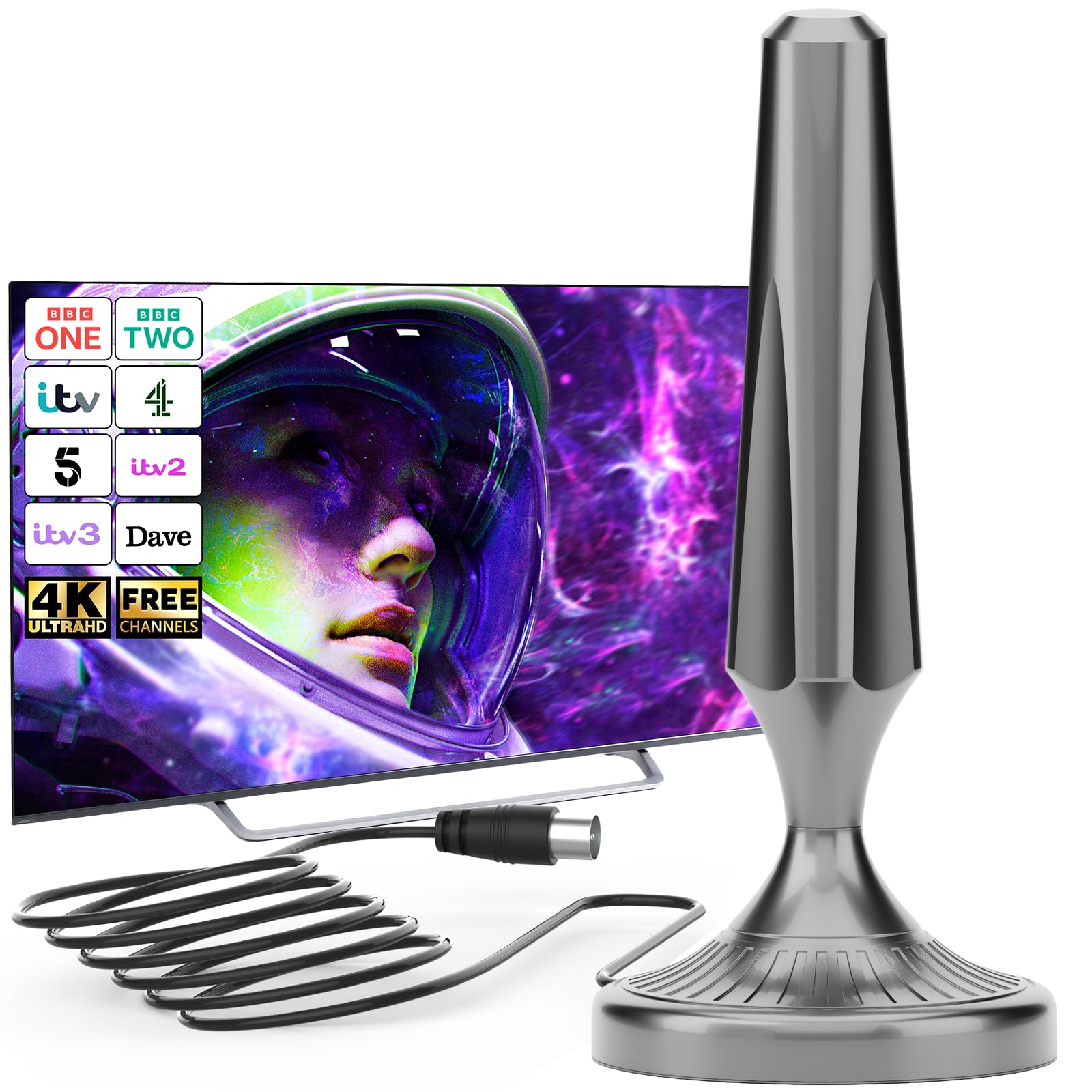 Indoor TV Aerial Magnetic Base Digital TV Aerial Indoor for Smart TV Freeview Local Channels Easy Setup Universal Indoor Aerial Supports 8K 4K 1080P Compatible with All Televisions 5m Coaxial Cable