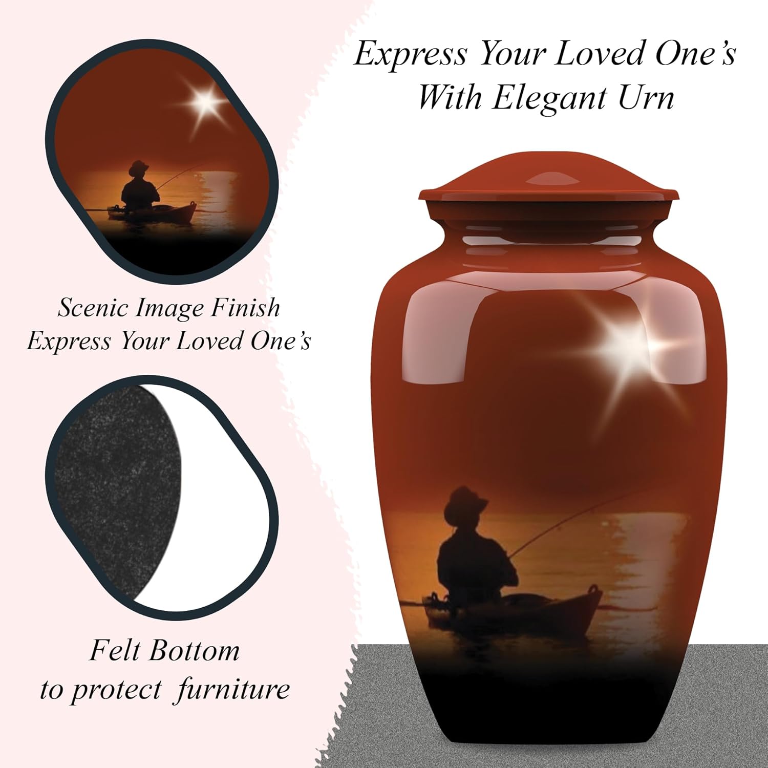 Forever URNS Adult Cremation Funeral Urn with Printed Fishing Man Theme for Human Ashes of Female & Male | 200 cu in | Large | Multicolor | Completely Handcrafted with Velvet Protection Bag