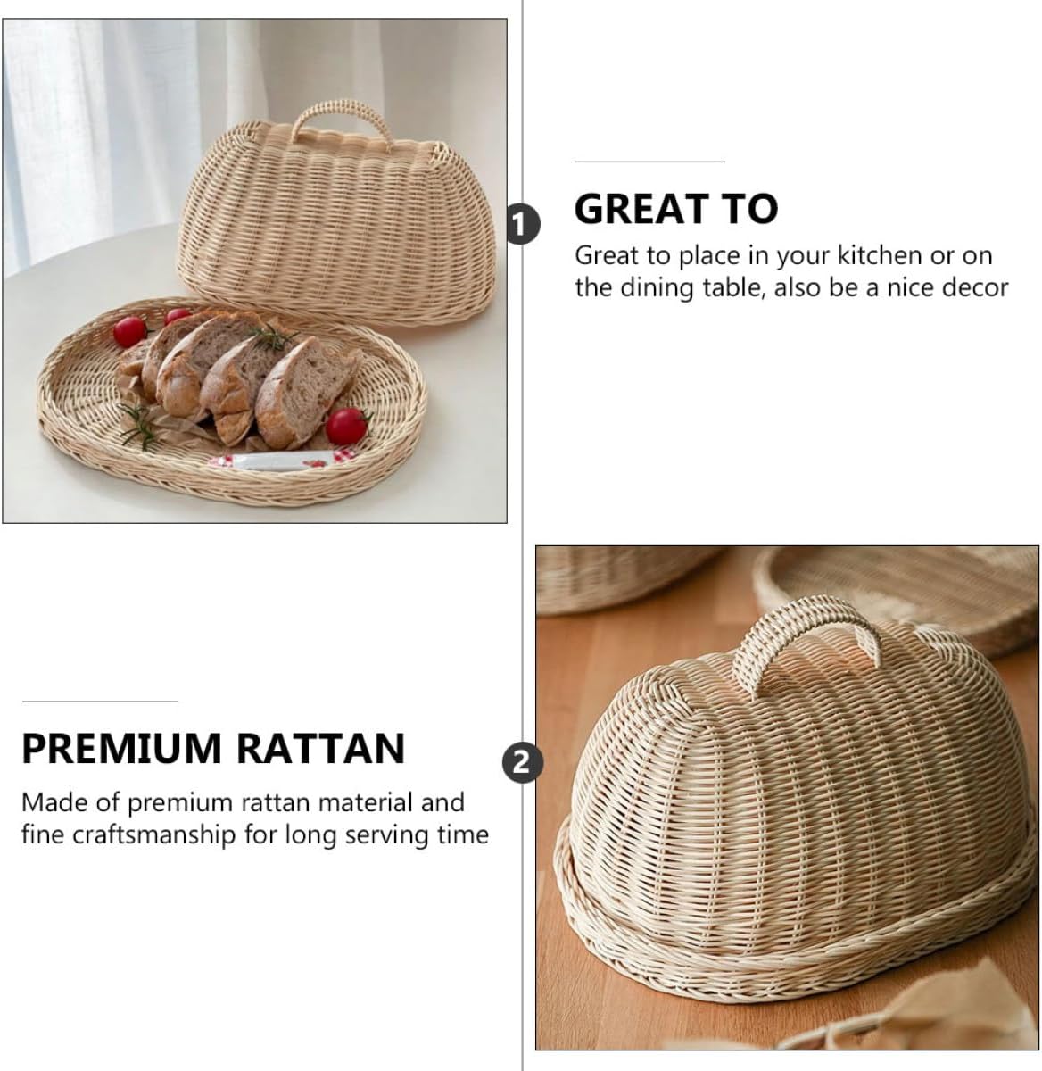 Gadpiparty Rattan Food Cover and Woven Fruit Storage Tray, Kitchen Protective Bread Basket with Khaki Rattan Cloche Dome, Dustproof Serving Basket for Indoor and Outdoor Use,