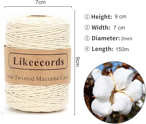 Miniatura 2 de Cordón de macramé de 0.079 pulgadas (0.079 in), 492.1 ft, flexible y suave, cuerda anudada de algodón natural, hilo de macramé, 3 hebras de algodón
