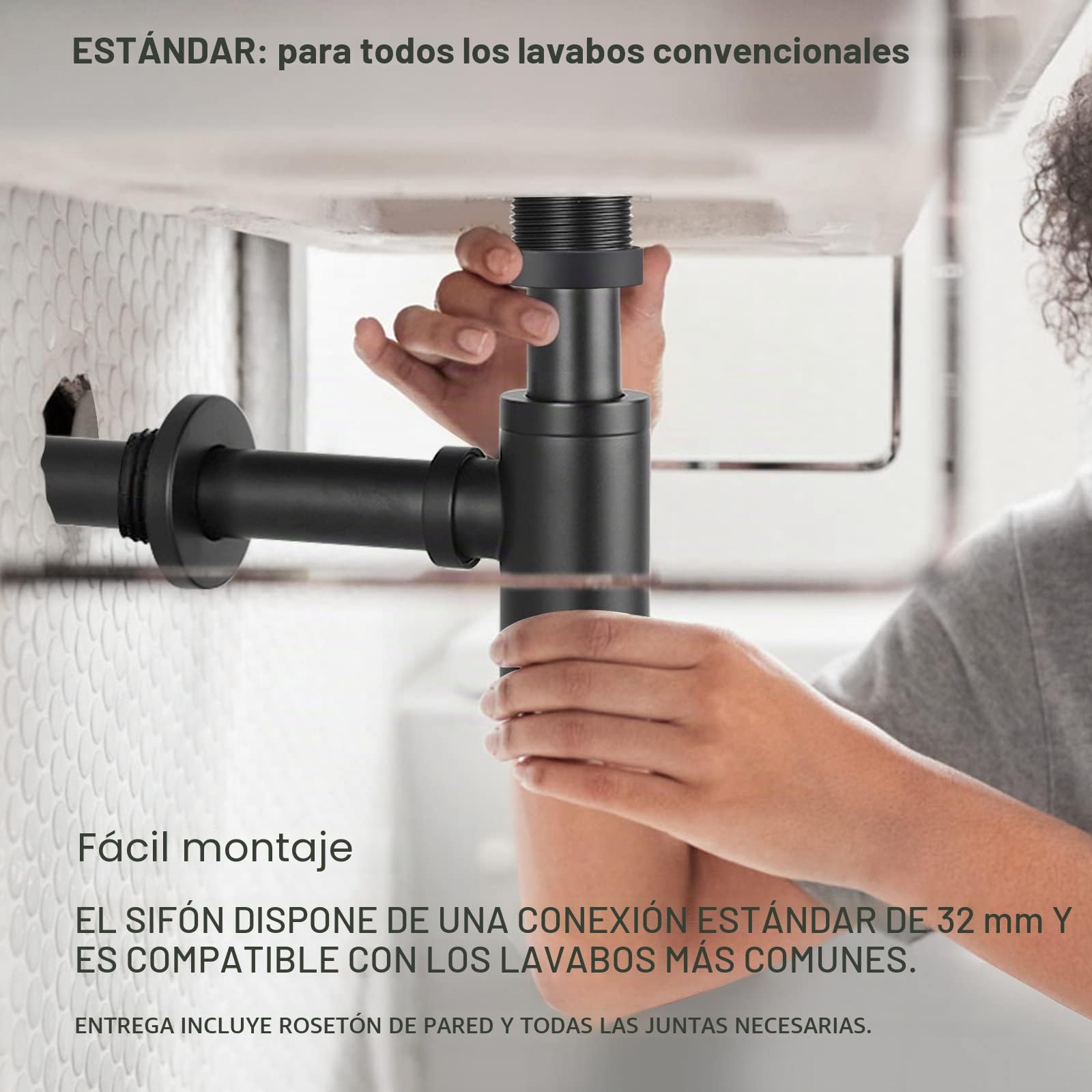 Design Sifón Universal para Lavabo y Fregadero Negro Mate, Accesorio de Desagüe Ajuste Perfecto, Tapón de Olor Redondo con Abertura de Limpieza, Sifón de Diseño Tubular