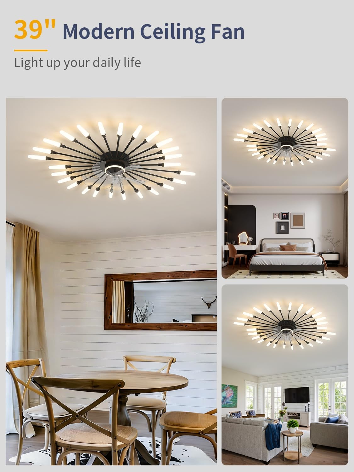 Modern Bladeless Ceiling Fan with Lights, 39" Low Profile Flush Mount Ceiling Fan with Remote, Stepless Dimming 3000–6000K LED, 6-Speed Reversible Quiet Fan for Bedroom, Living Room, Kitchen, Black