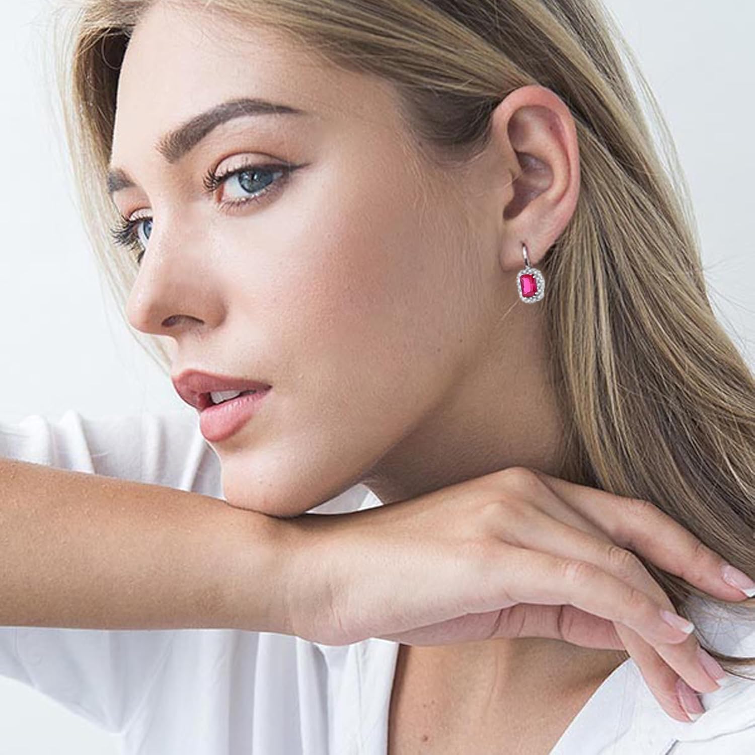 Rectangle Birthstone Earring for Women Cubic Zirconia Halo Drop Earrings, 925 Sterling Silver Emerald Cut Dainty Women's Jewelry Gift - Image 2