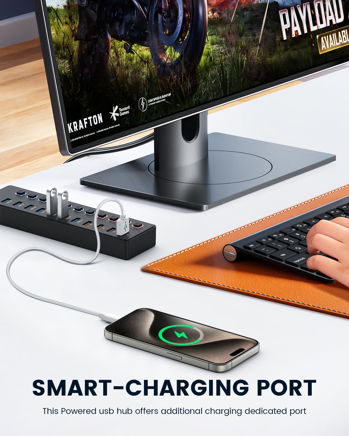 Hub USB alimentato, hub USB C, splitter hub a 11 porte (7 porte USB 3.0 di trasferimento dati + 4 porte di ricarica intelligenti), interruttore non incorporato (con