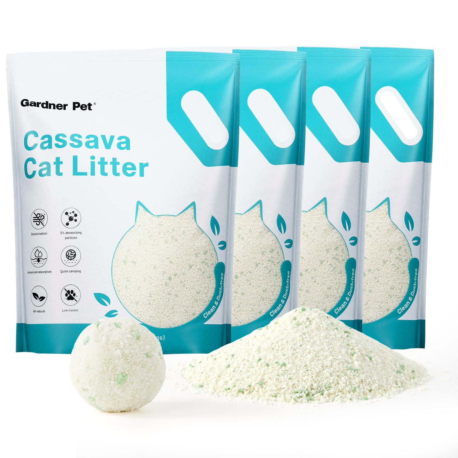 Gardner Pet Żwirek do kuwety z kasawi, Żwirek do kuwety z tapioki, kontrola zapachu | Niskopyłkowy | Naturalny skupiający się żwirek | Szybkie wchłanianie i niska śladowość żwirku dla kotów, bez
