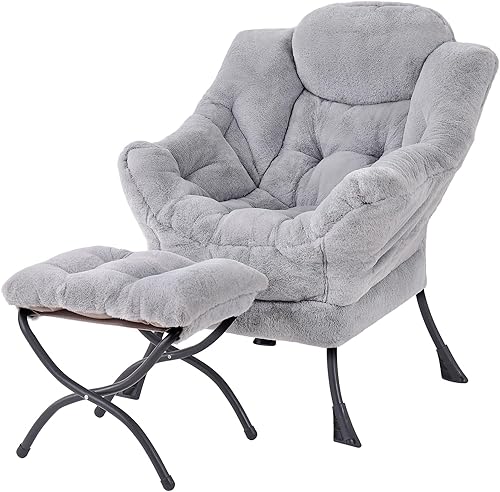 Miniatura 21 de Welnow - Silla perezosa con otomana, moderna silla de descanso con reposabrazos y bolsillo lateral, sillón de sofá tapizado de ocio, sillón de Gris