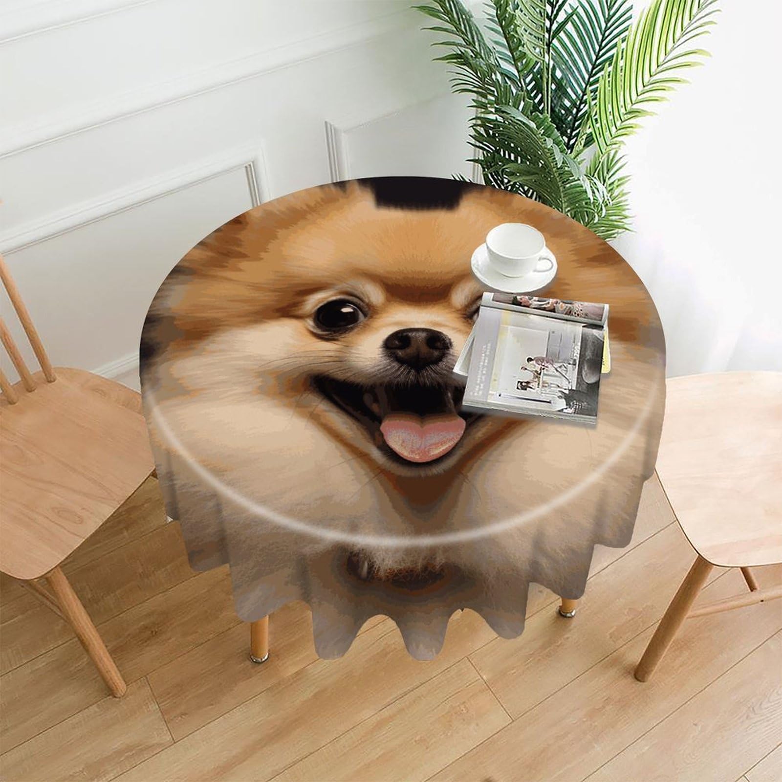 MUSM 60 Inch Happy Short-haired Pomeranian Round Tablecloth Wipeable Washable Table Cover for Kitchen and Dining Room Decorative Table Cloth for Party Holiday Picnic Outdoor