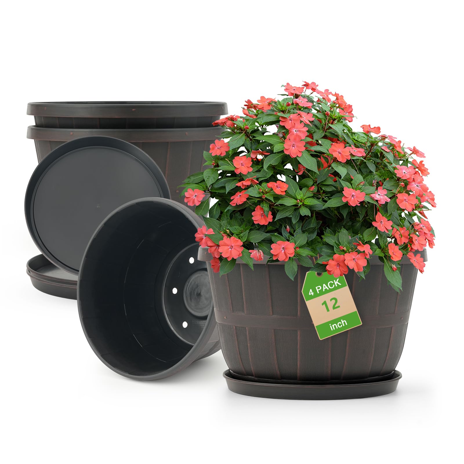 Quarut 12 Inch Large Planter Pot for Plants Indoor Outdoor, 4 Pack Plastic Flower Pots with Drainage Hole & Tray, Modern Decorative Garden Pot with Saucer, Plant Container for House（Brown）