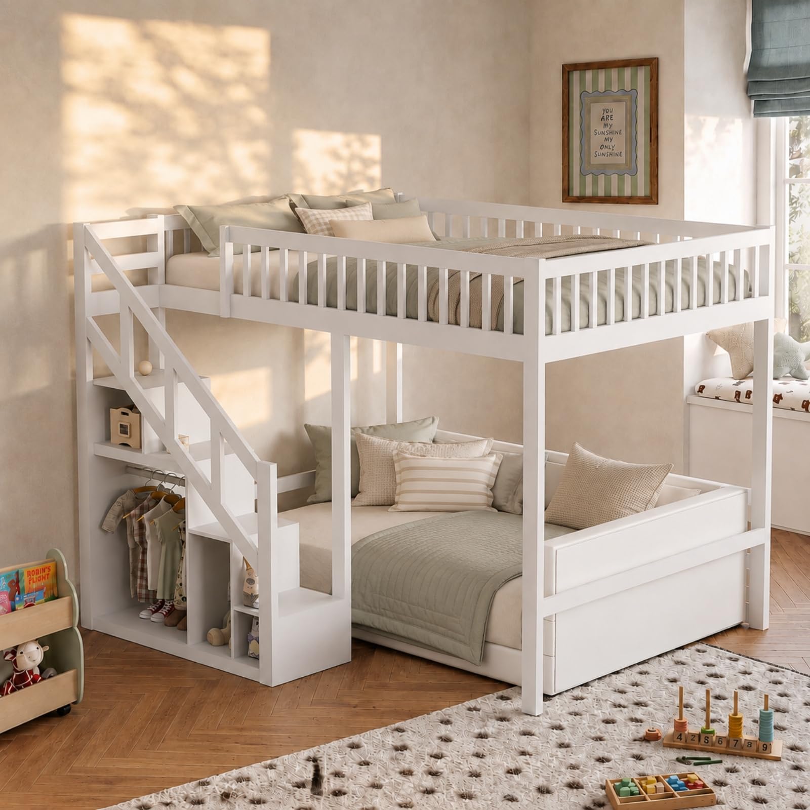 Hochbett 90x200 cm, Etagenbett mit Treppe und Rausfallschutz, Kinderbett mit Aufbewahrungsschrank, Funktionsbett Kinderhochbett Stockbett mit Lattenrost, Spielbett für Jungen Mädchen