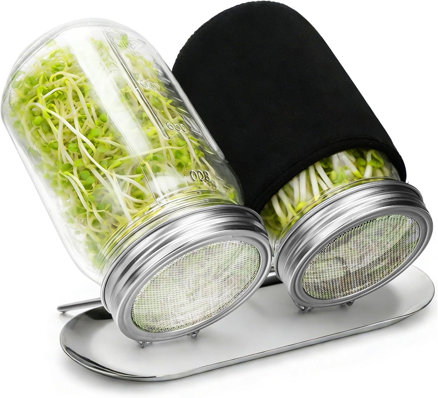 Palksky Sprouting Kit with Stainless Steel Screen Sprouting Lids & Glass Mason Jars & Light-Blocking Sleeves, 2Pack Premium Reusable Sprouts Growing Kit for Organic Broccoli Alfalfa Seeds Bean Sprouts