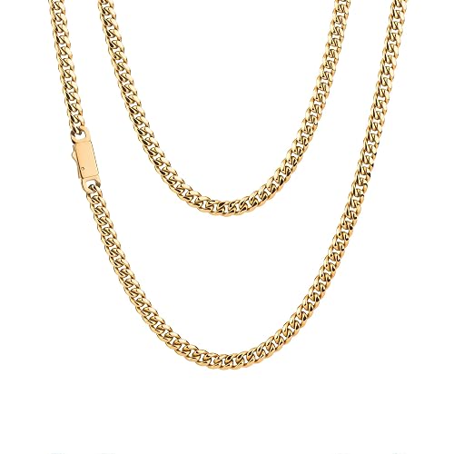 Cuban Link Chain for Men 5mm 18K Gold Plated Gold Silver Mens Necklace, 316L Stainless Steel Miami Curb Chain 18 20 22 24 Inch, Durable Waterproof Hip Hop Jewelry Gift for Him, Everyday Wear