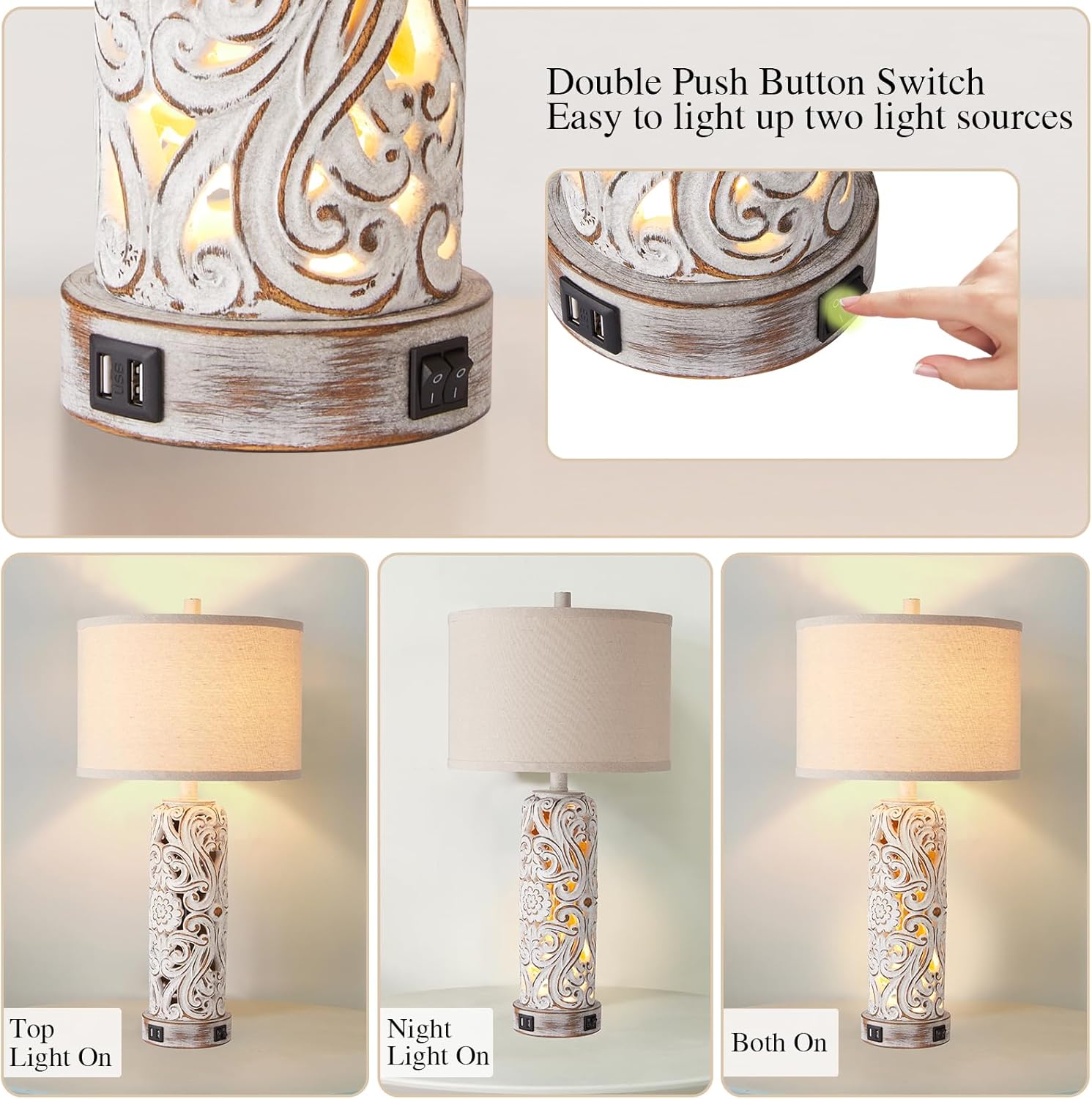 RORIANO Rustic Farmhouse Table Lamps for Living Room Bedroom, Vintage Bedside Lamp with Dual USB Port, Antique White Resin Retro Nightstand Lamps with Night Light, Bulbs Include