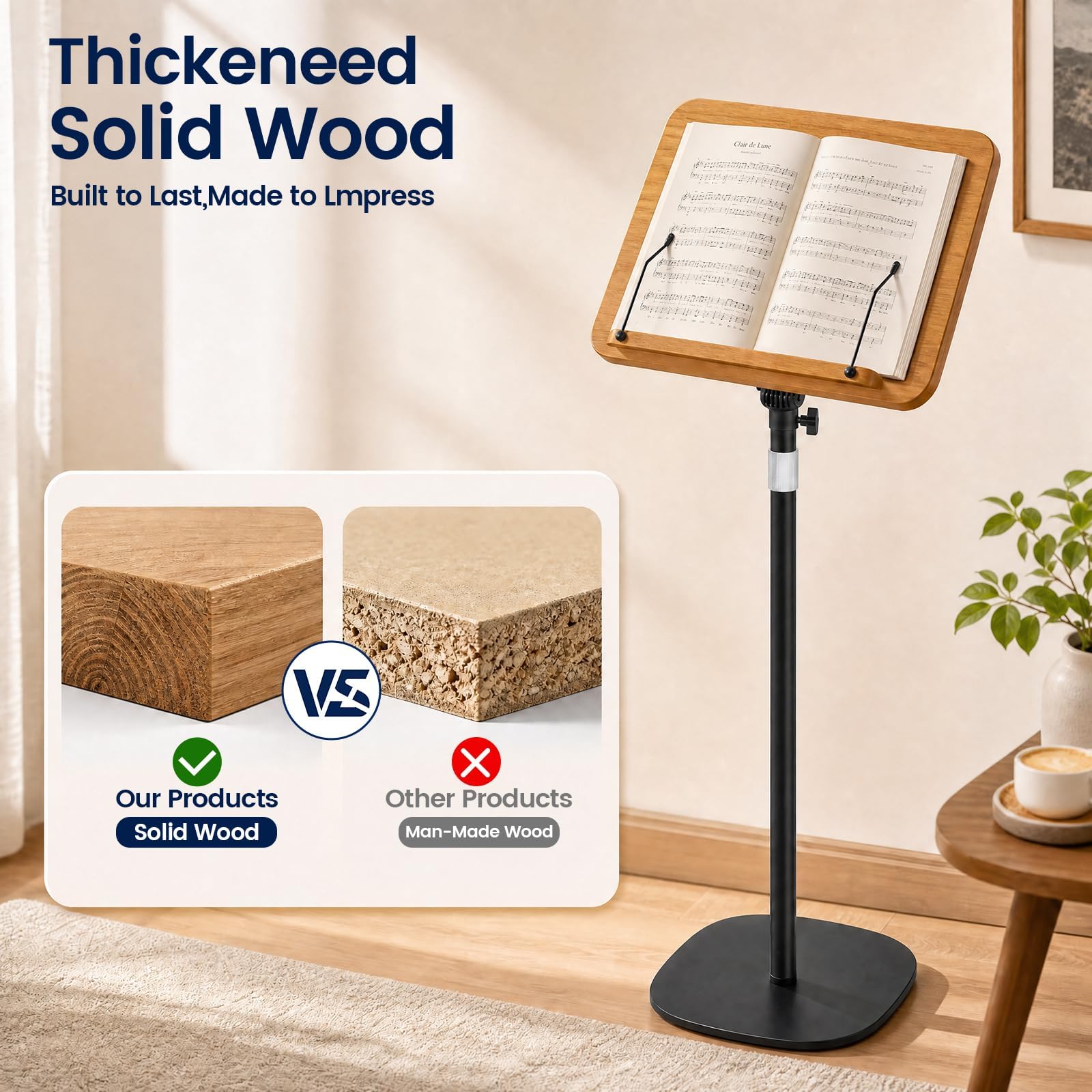 Supporto per libri da pavimento con graffette per pagina, altezza regolabile da 50 a 165 cm, supporto per ricette in legno, supporto per lettura a mani libere, per podio, laptop e proiettori