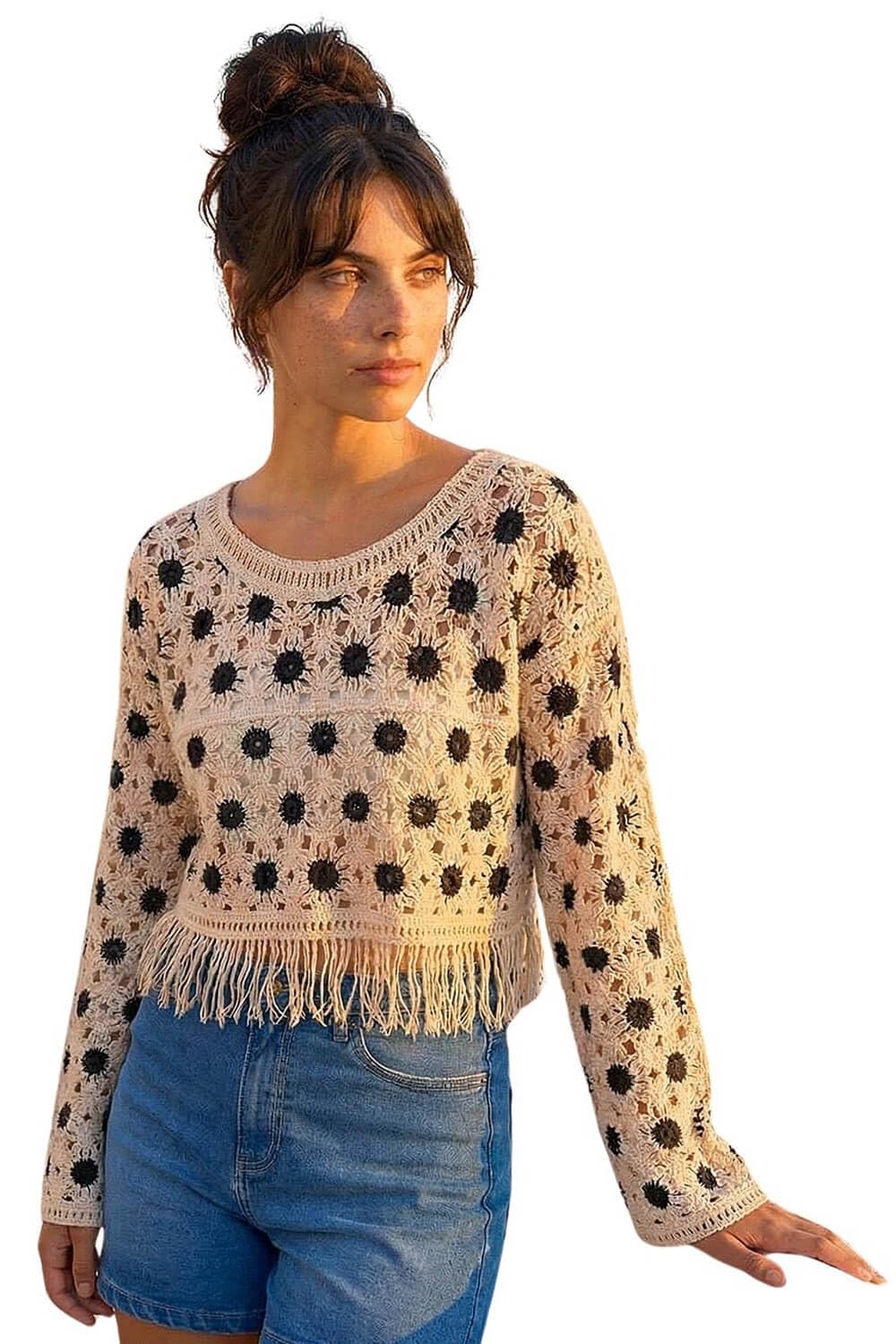 Dusk Women's Stone Crochet Tassel Hem Knit Jumper Medium