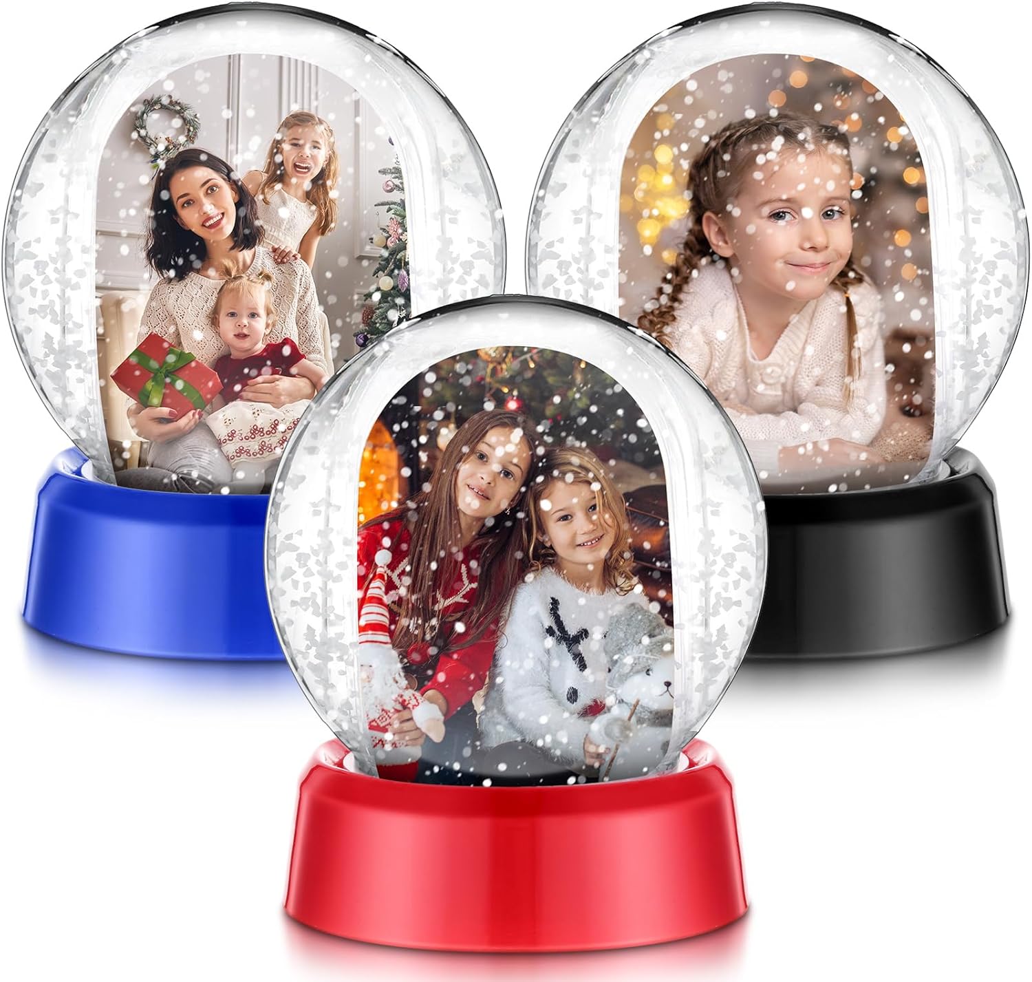 Suzile 12 Pcs Christmas Photo Snow Globe 4.3 Inch Christmas Clear Plastic Water Globe Double Sided Picture Display Snow Globes Photo Frame for Home Xmas Holiday DIY Crafts Gift (Black,Red,Blue)