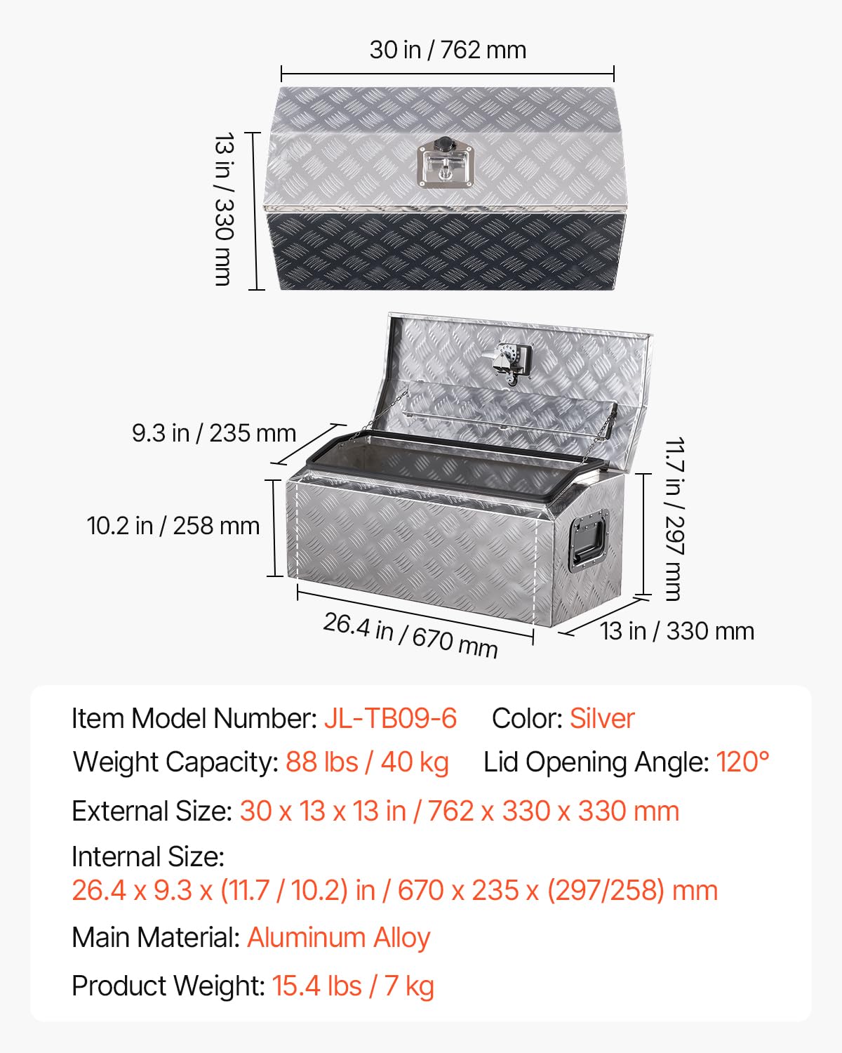 VEVOR Cassetta Portautensili in Alluminio per Cassone di Camion, con Maniglia Laterale e Chiavi a T, Organizzatore per Rimorchi, Camper, Struttura 76,2 x 330,2 x 330,2 mm, Argento