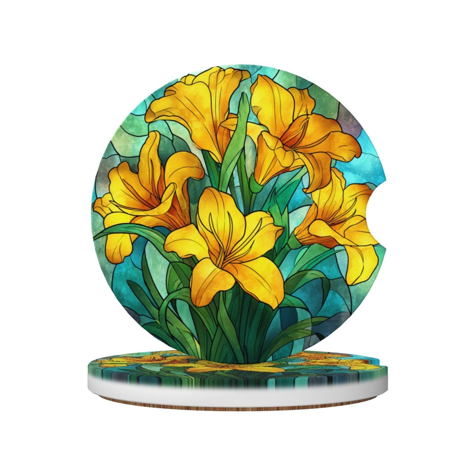 Stained Glass Yellow Lilies Bouquet Flower Ceramic Coasters,2pcs