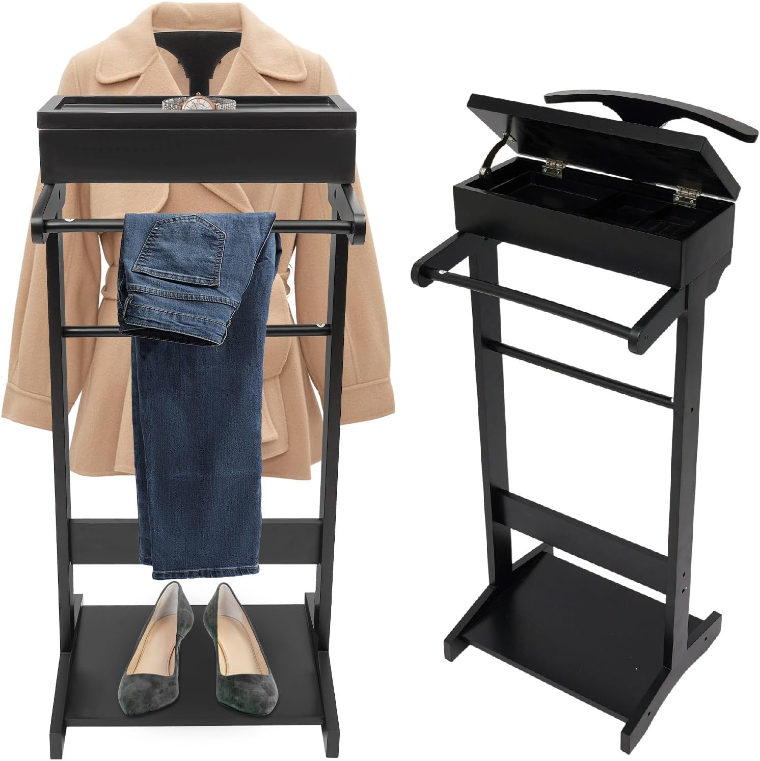 Wood Mens Valet Stand With Shoe Shelf, Coat Hanger and Hat Rack - Freestanding Suit Stand and Clothes Butler With Storage Organizer (Black)