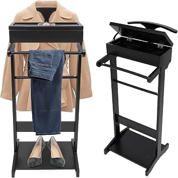 Wood Mens Valet Stand With Shoe Shelf, Coat Hanger and Hat Rack - Freestanding Suit Stand and Clothes Butler With Storage Organizer Black
