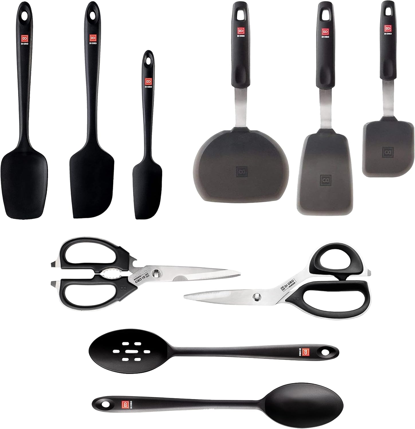 DI ORO 10-Piece Kitchen Utensil Set - 3 Seamless Silicone Spatulas and 2 Spoons, 3 Silicone Turners, and 2-Piece Stainless Steel Kitchen Scissors Set - 600°F Heat-Resistant Rubber Spatulas (Black)