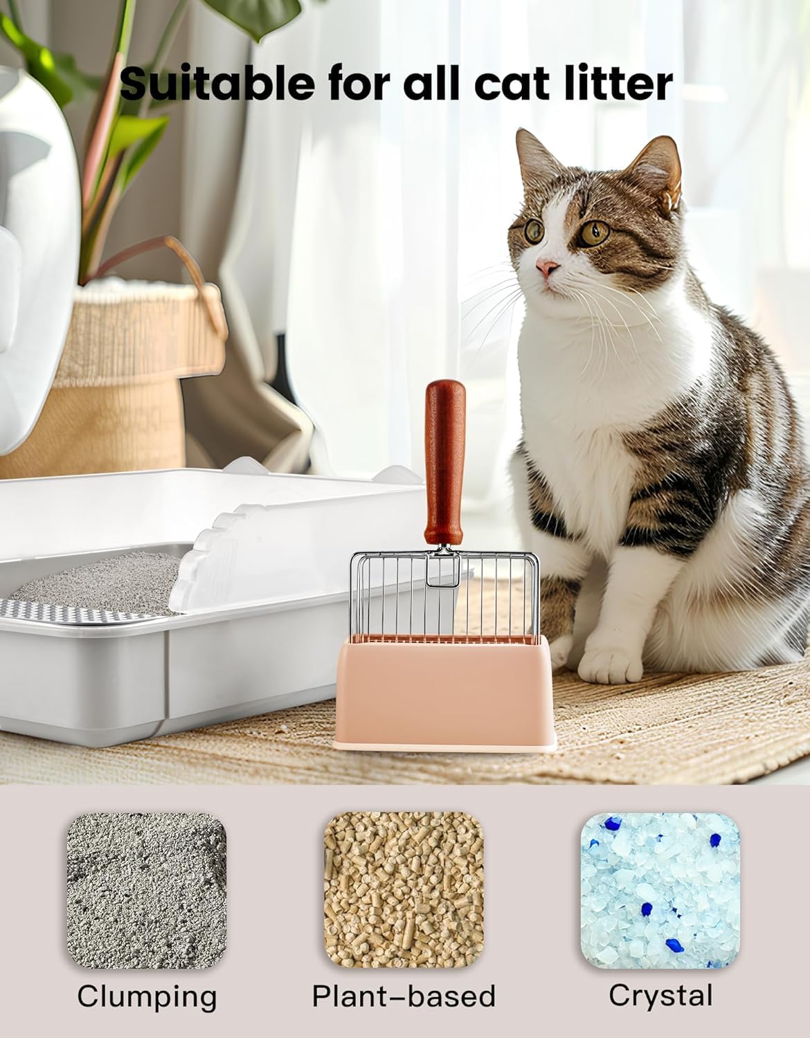 Cat Litter Scoop with Holder, Metal Cat Litter Scooper, Stainless Steel Heavy Duty Deep Shovel, Fast Fine Scoop Away Cat Litter - Silver with Rose Holder - image 8