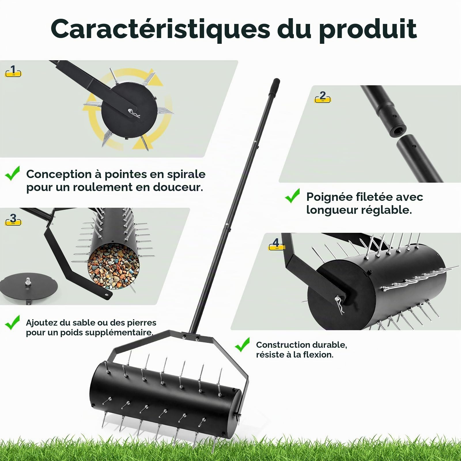 Aérateur de pelouse, manuel, aérateur de pelouse, rouleau de gazon avec 39 clous (6 cm) et manche, scarificateur manuel pour cours, surfaces de pelouse dans le jardin (44 cm x 141 cm/93,5 cm)