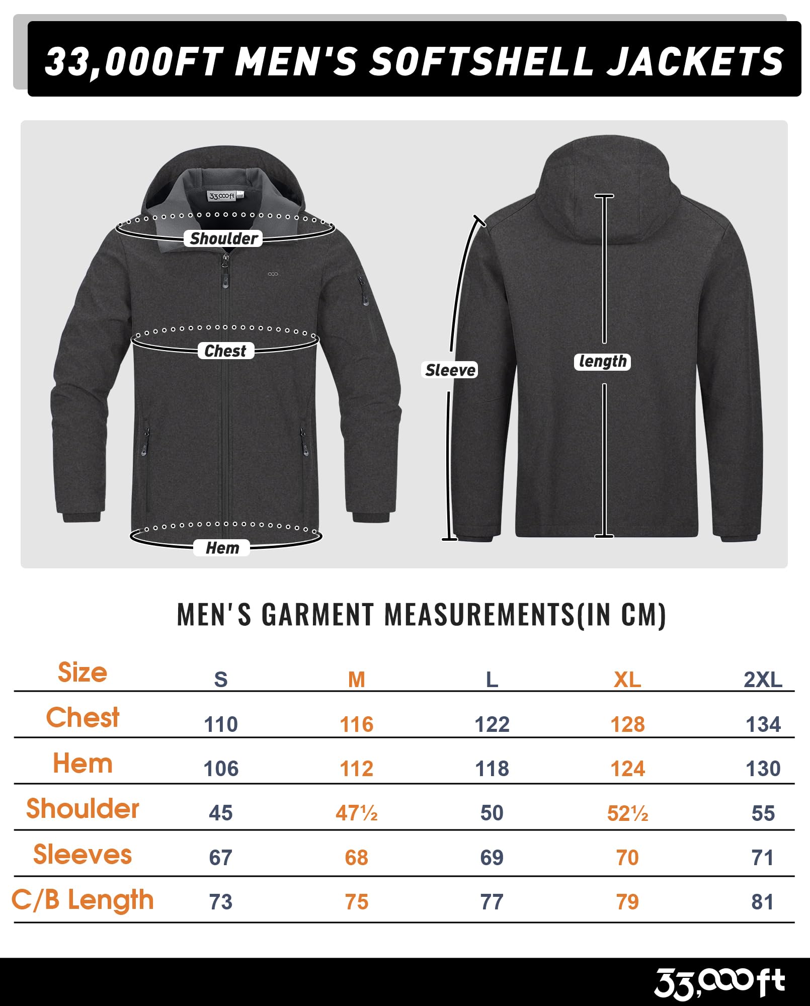 33,000ft Chaqueta para hombre, impermeable, transpirable, Softshell, chaqueta de entretiempo, cortavientos, chaqueta de senderismo con capucha
