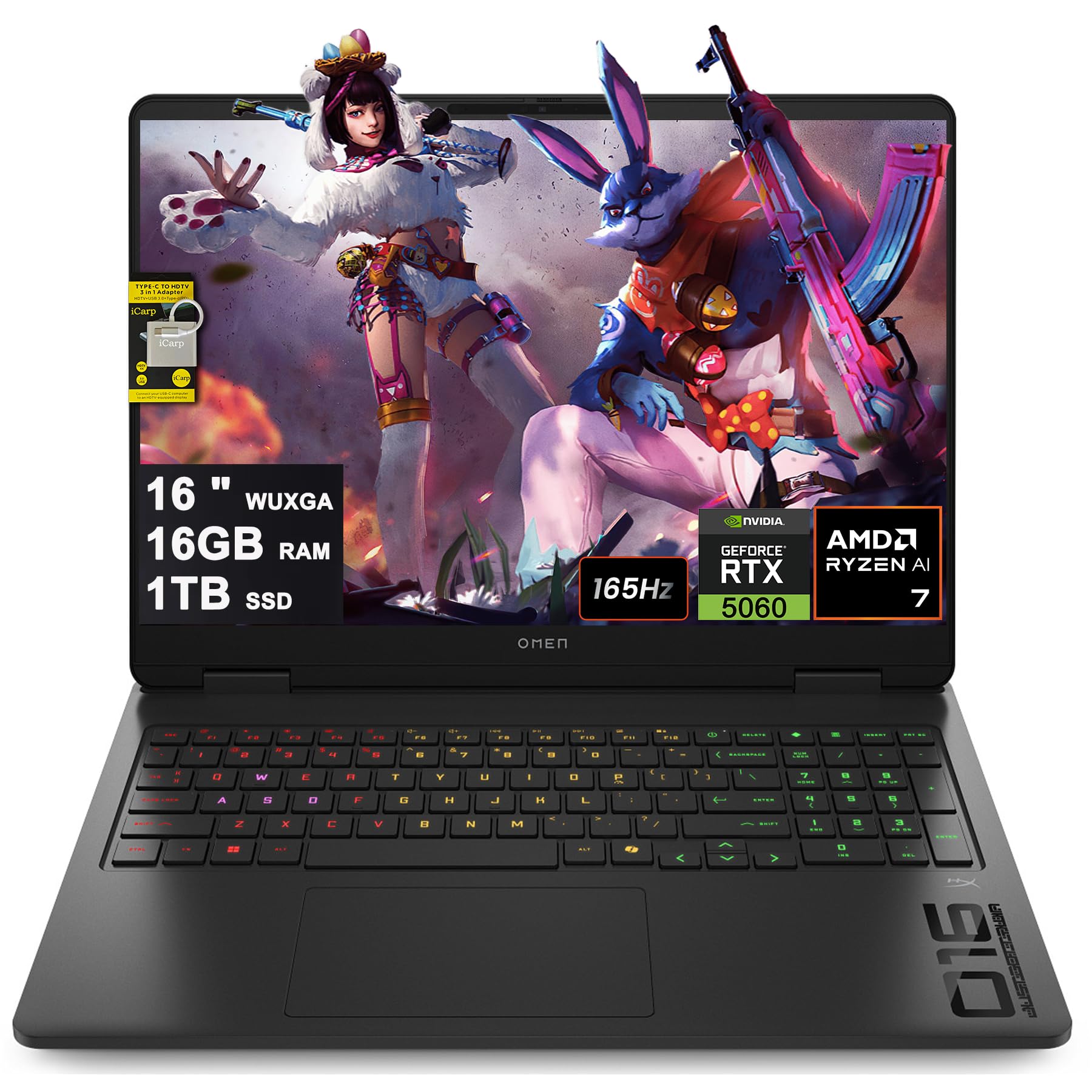 HP Omen 16 Gaming AI Laptop 16" WUXGA 165Hz (400nits, 100% sRGB) AMD 8-core Ryzen AI 7 350 (Up to 50 Tops) 16GB RAM 1TB SSD GeForce RTX 5060 GDDR7
