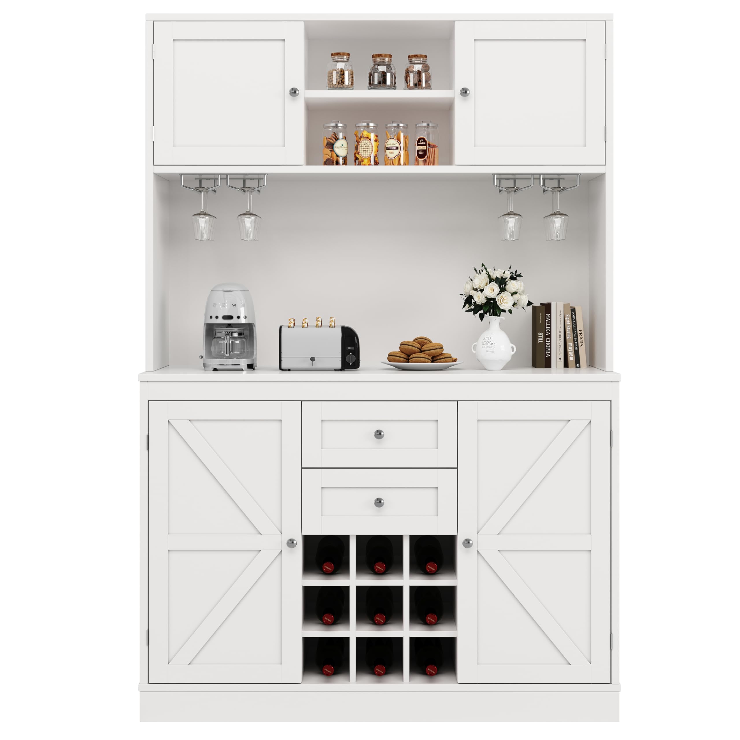 Kebnor Küchenschrank mit verstellbaren Ablagen & Weinregal,Hochschrank Küchenbuffet mit 4 Türen & 2 Schubladen,Sideboard für Küche & Wohnzimmer,Buffetschrank Weiß