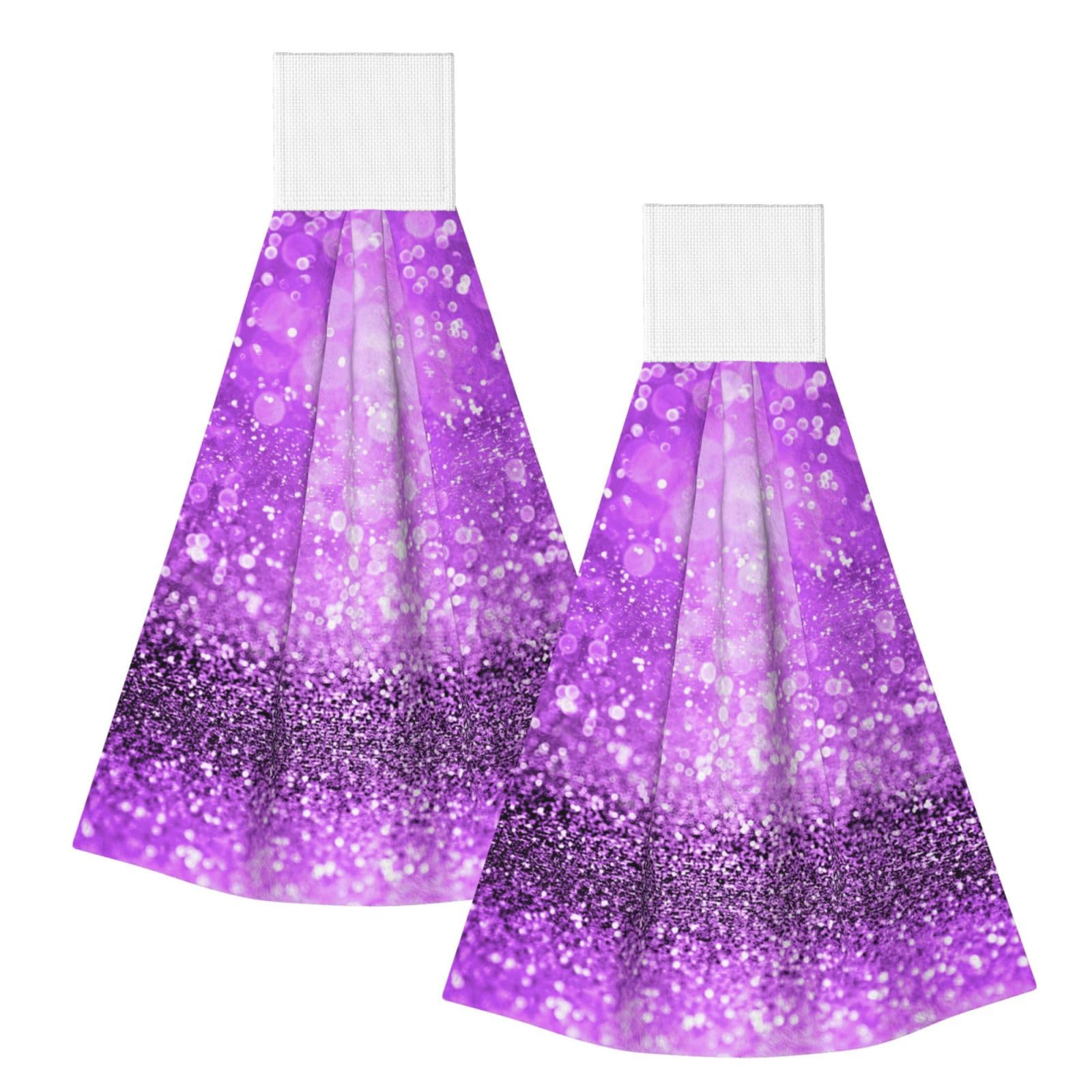 DOPKLNA Sparkling Purple Glitter, 2 Pcs Hanging Coral Fiber Hand Towels for Bathroom, Absorbent Kitchen Towels