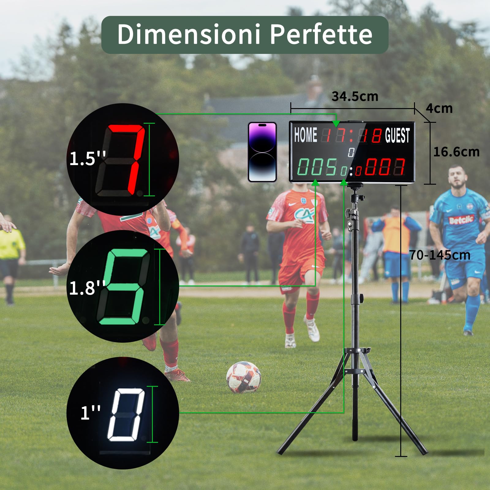 Tabellone Segnapunti Elettronico Portatile, 13 Cifre per Basket con Orologio, Gioco Tennis con Conto alla Rovescia/Crescente, LED Scoreboard per Pallavolo, Cornhole, Badminton