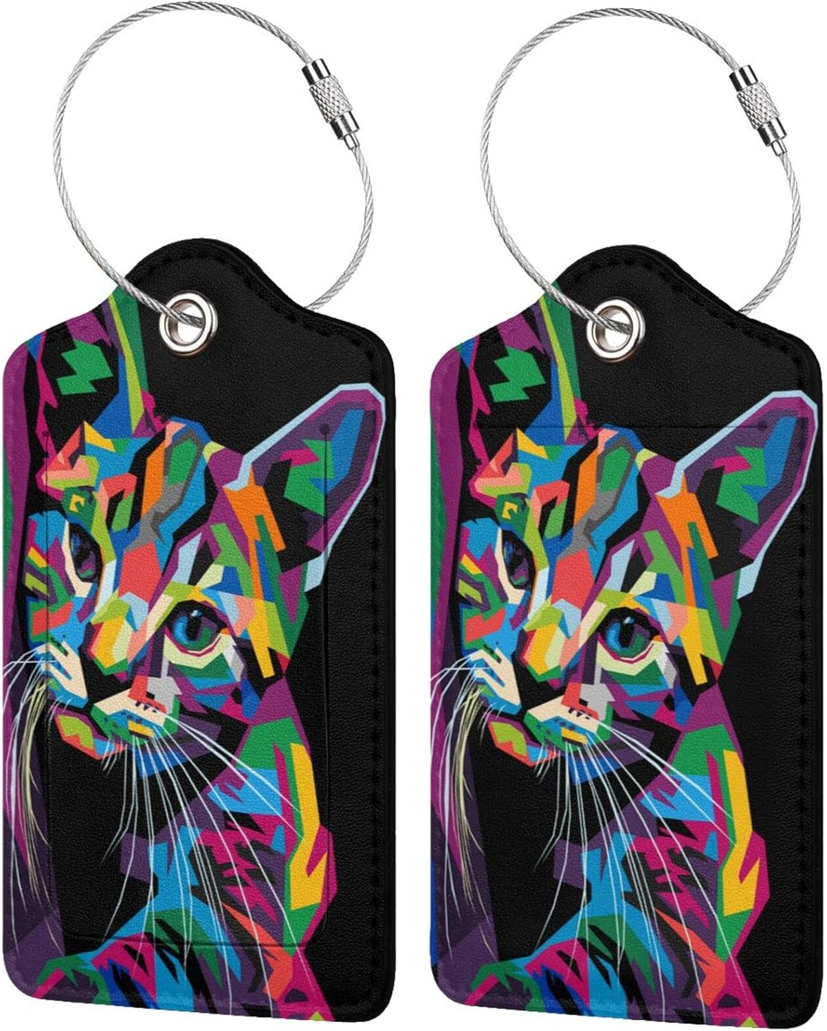 2-Pack Artistic Cat Luggage Tags for Suitcases, Leather Art Style Colorful Animal Baggage Tag with Loop, Funny Cool Name ID Card Cover Travel Bag Labels Set for Women Men Boys Girls Kids