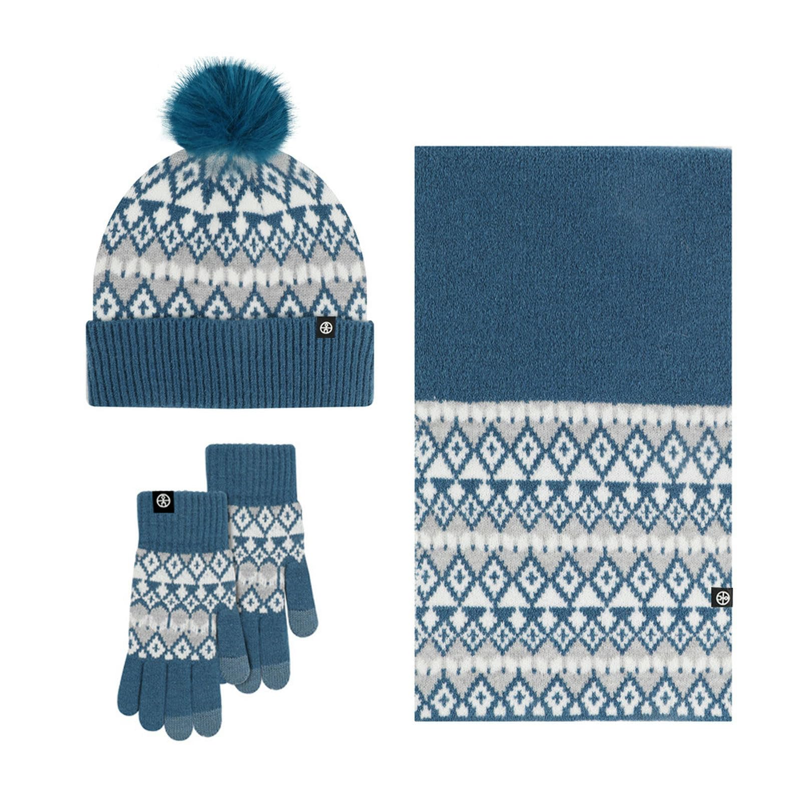 Wintermütze Schal Handschuhe Set Dreiteiliges Für Erwachsene, Bestehend Aus Bommelmütze, Und Handschuhen, Warme Jacquard-Strick-cremeweißer Jacquard-Anzug
