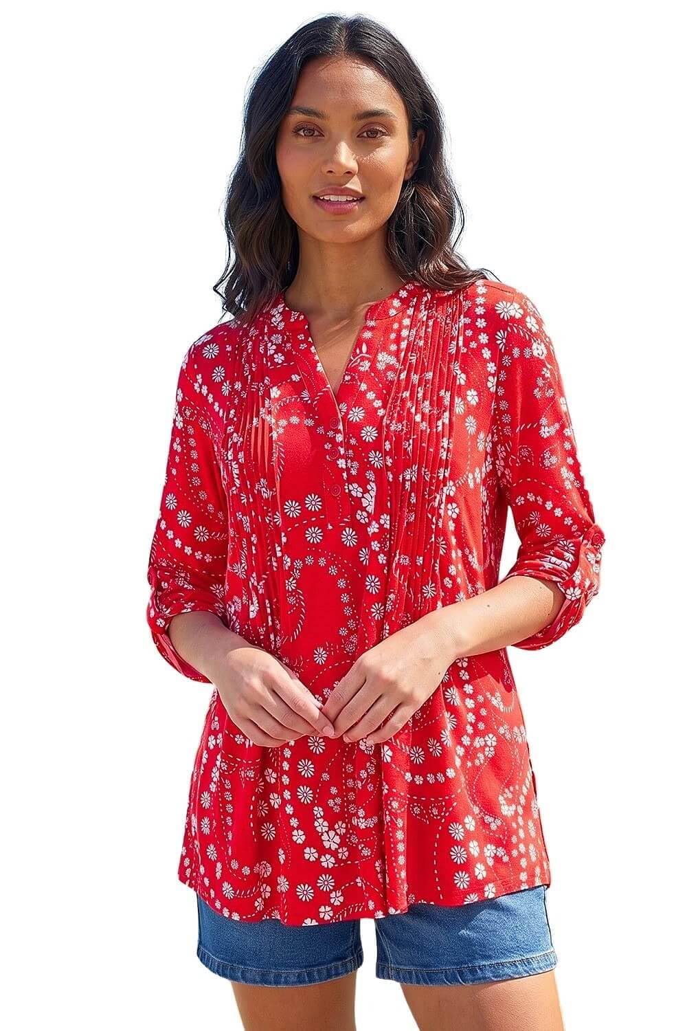 Roman Originals Women's Ditsy Red Pintuck Shirt For Jersey Blouse Collarless Top Flare Crinkle Notch Neck Tunic 3/4 Length Sleeve Longline Smart Casual Party Going Out - Size 20