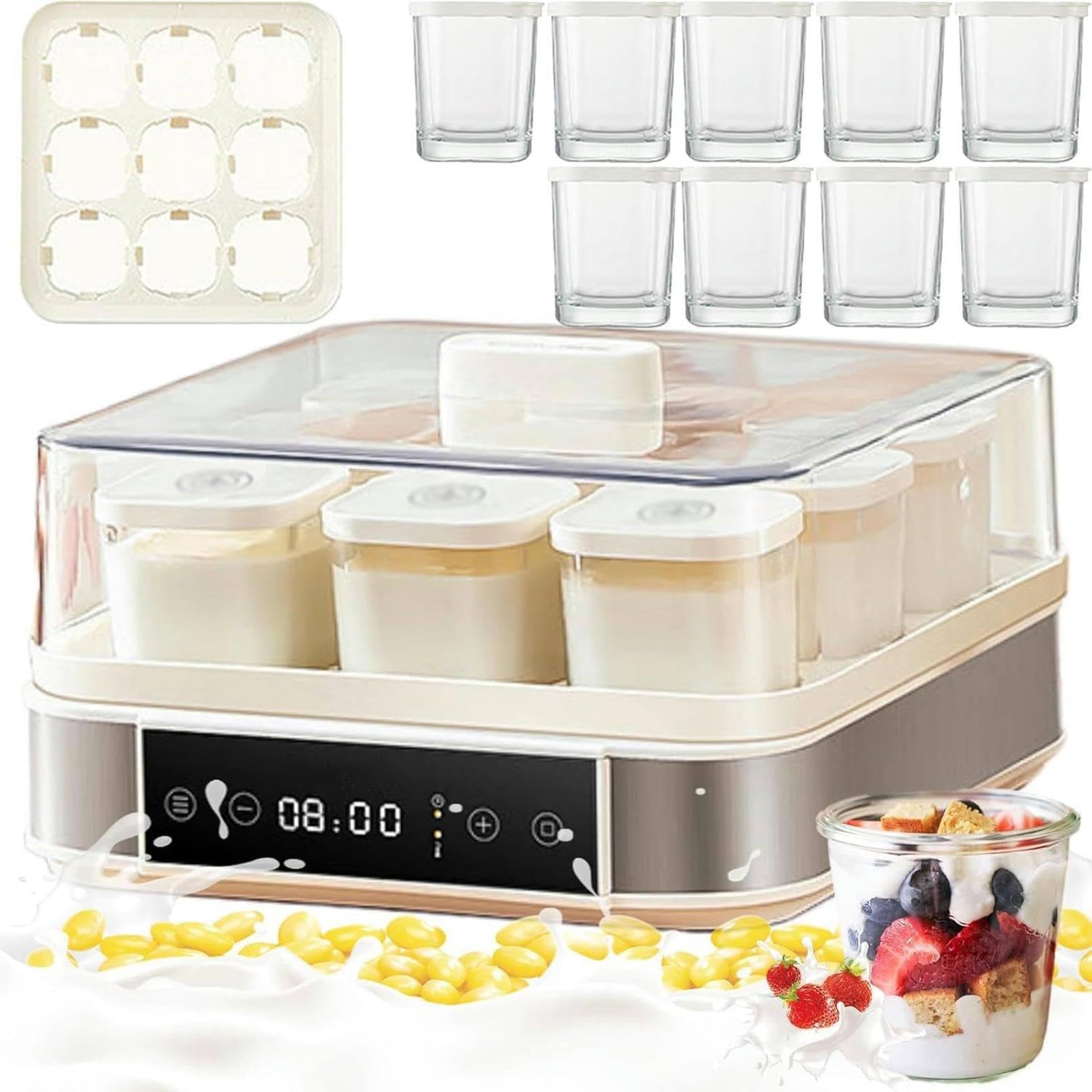 Yogurtera Eléctrica, Yogurtera con 9 Tarros de Cristal de 170ml, Práctica y Compacta Yogurtera, con Temporizador, Termostato Regulable y Pantalla LED, 40 W, para Postres Caseros Saludables
