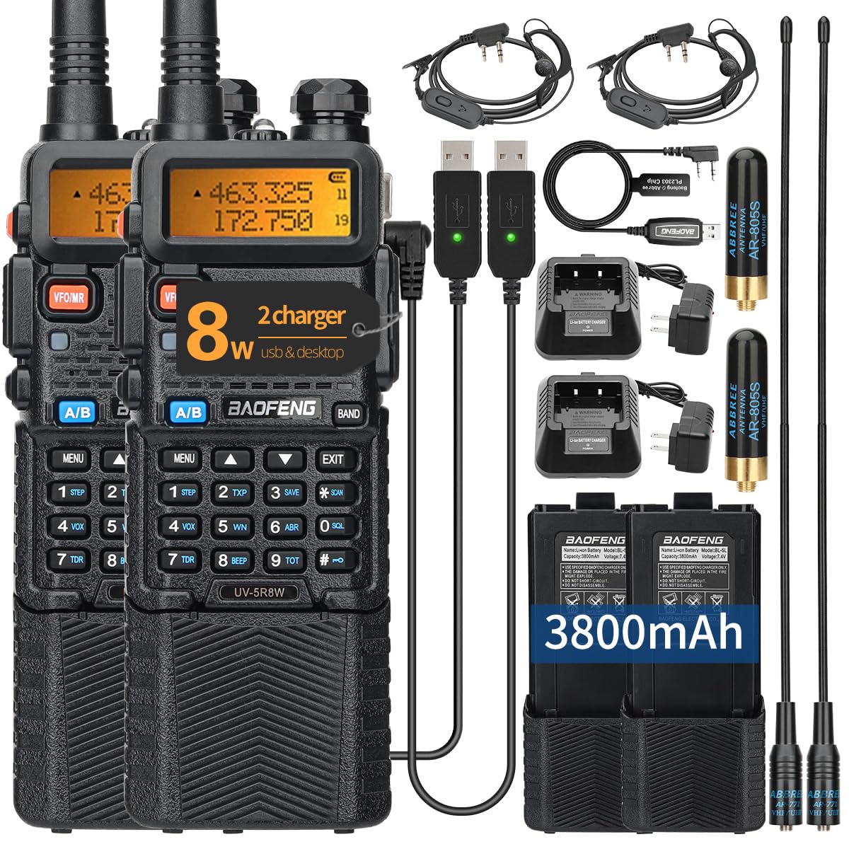 Ham Radio Baofeng UV-5R Radio 8W Long Range UV5R Dual Band Handheld High Power 3800mAh Rechargeable Walkie Talkies Handheld Two Way Radio with Programming Cable and Earpiece for Survival Gear,2Pack