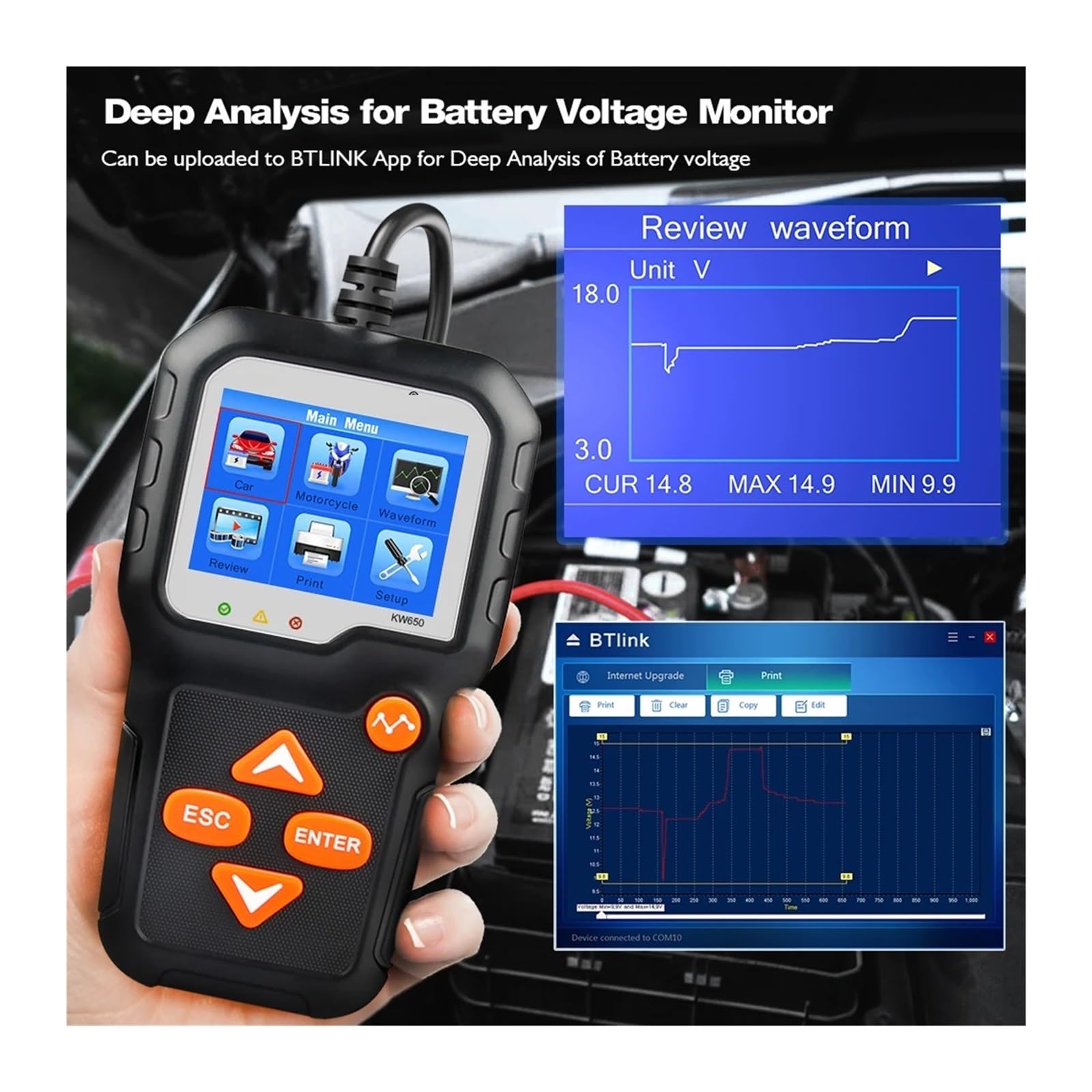 Tester baterii, Tester akumulatora samochodowego motocyklowego 12 V 6 V Analizator systemu akumulatorów 2000CCA Narzędzia do wania rozruchu ładowania samochodu KW650