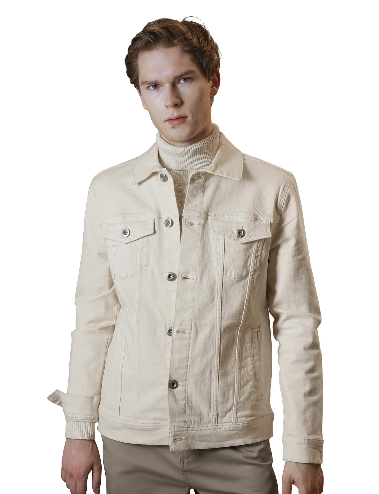 Enorsia Mens Ecru White Denim Jacket Classic Regular Fit Casual Jacket for Men Smart Casual Cotton Jean Jacket with Button Fastening Chest & Side Pockets Durable Stretch Denim Outerwear (L, Ecru)