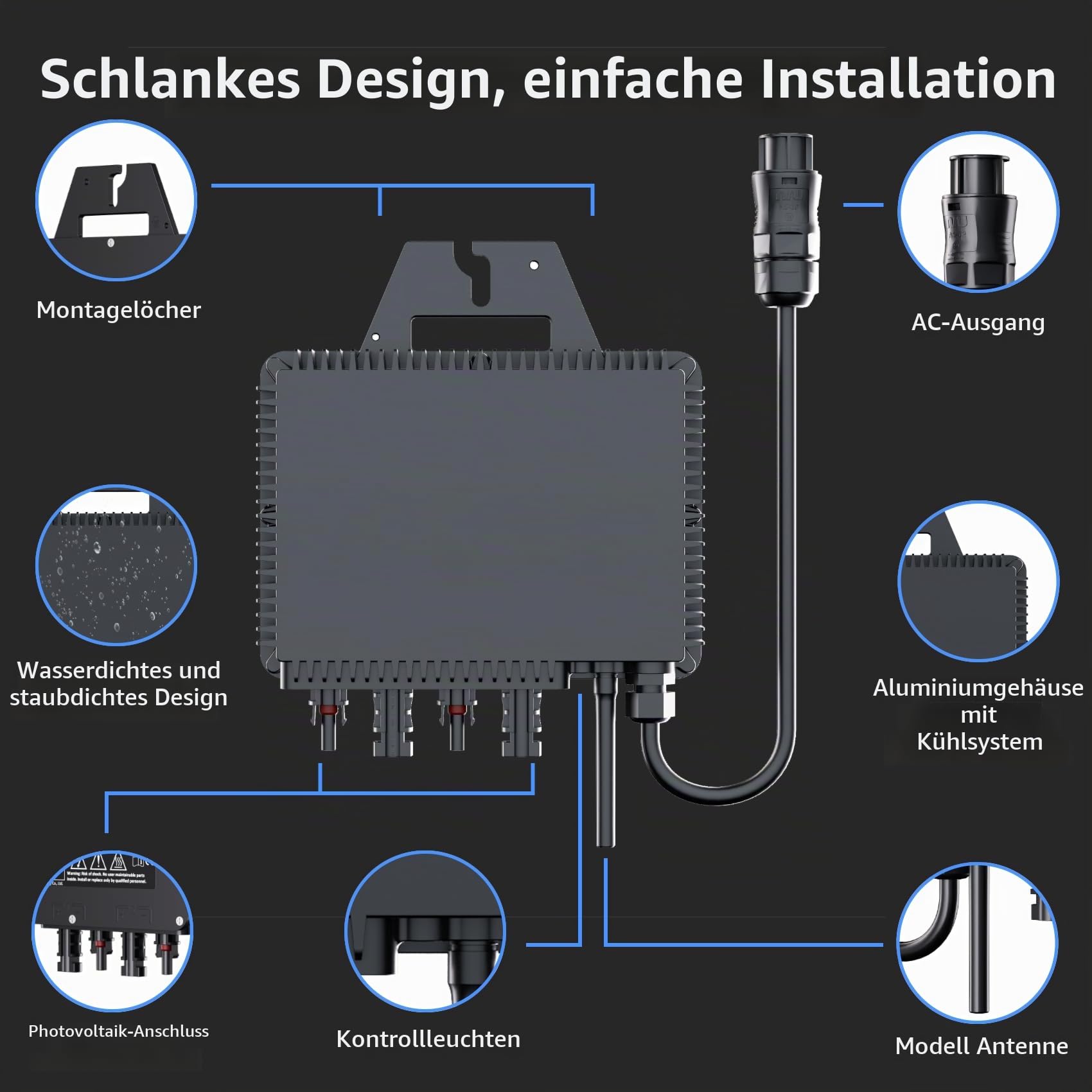 RC Mikro-Netzgebundener-Wechselrichter, 800W, Intelligenter Solar-Wechselrichter, Integriertes WiFi, Für Balkon-Kraftwerke geeignet, MPPT-Effizienz 99,8%, 0% Mehrwertsteuer | MPPT mit 99,8% Effizienz, zur Optimierung der Photovoltaik-Produktion und für Ba